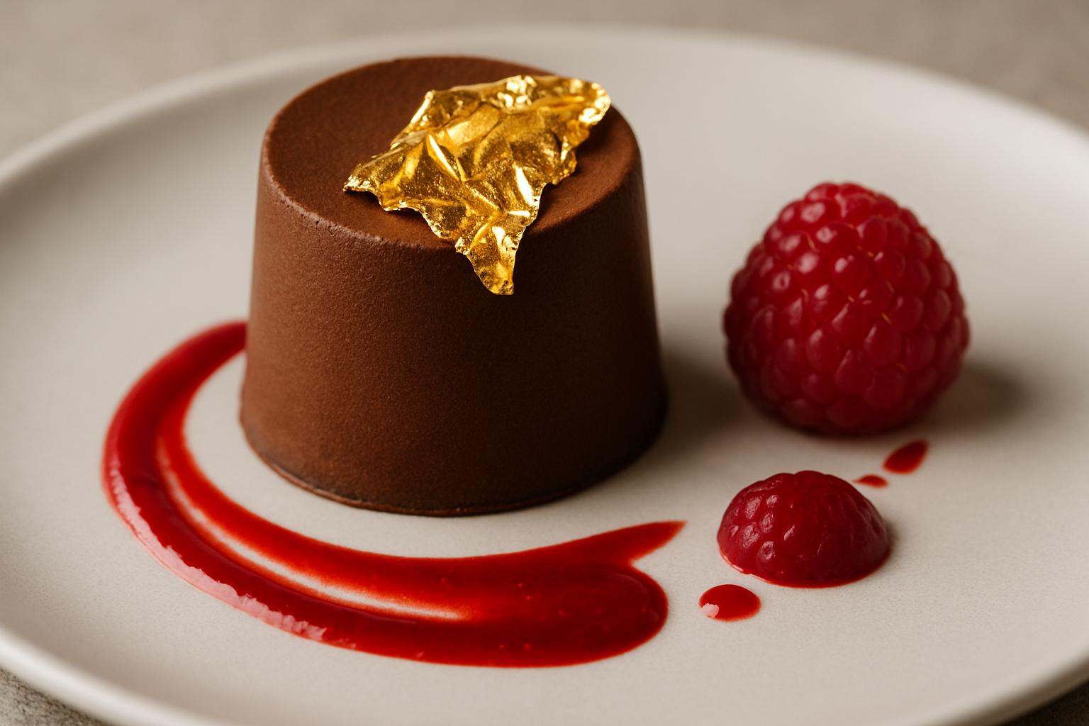 Macro food photo of a plated chocolate dessert with gold leaf