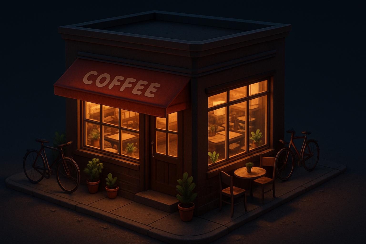 Isometric illustration of a cozy coffee shop at night