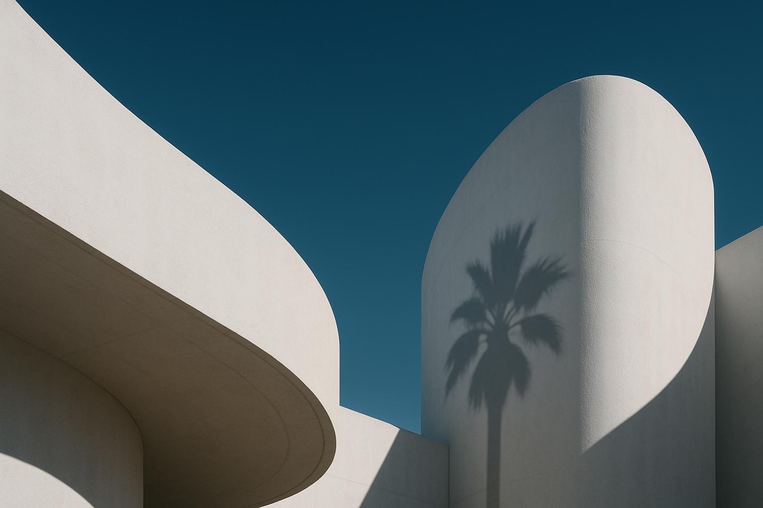 Minimalist white architecture against a deep blue sky