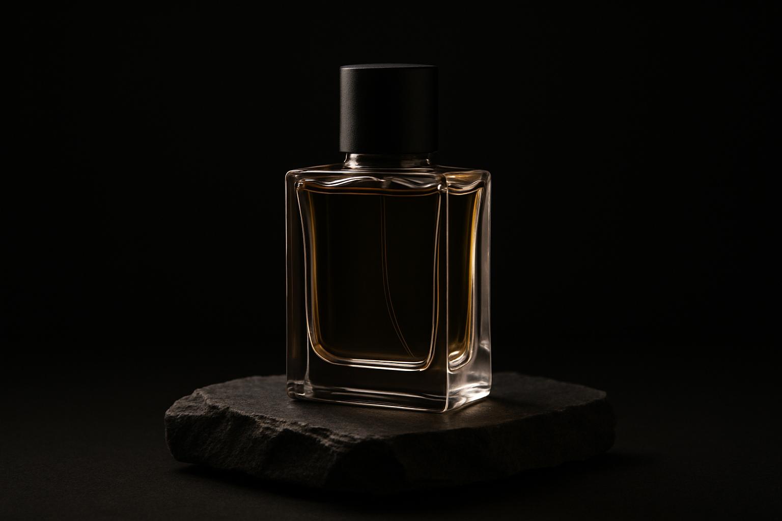 Studio product photo of a perfume bottle on black stone