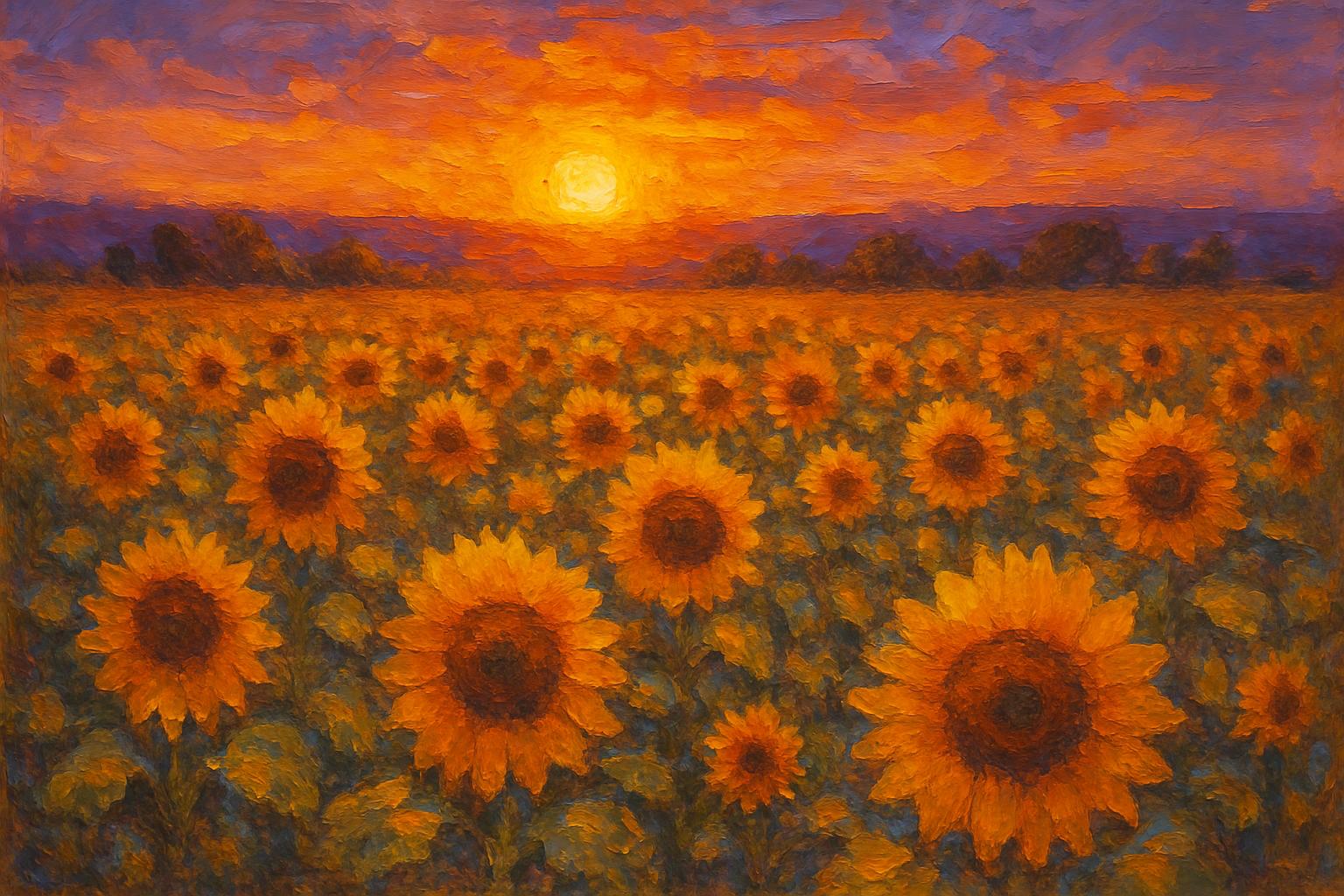 Impressionist oil painting of a sunflower field at sunset