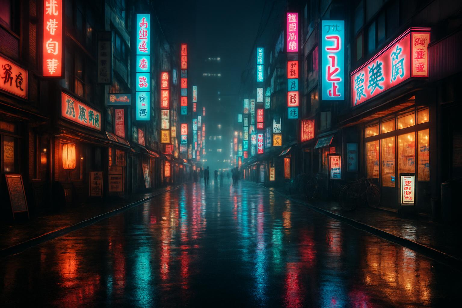 Cinematic neon-lit Tokyo street at midnight with rain reflections