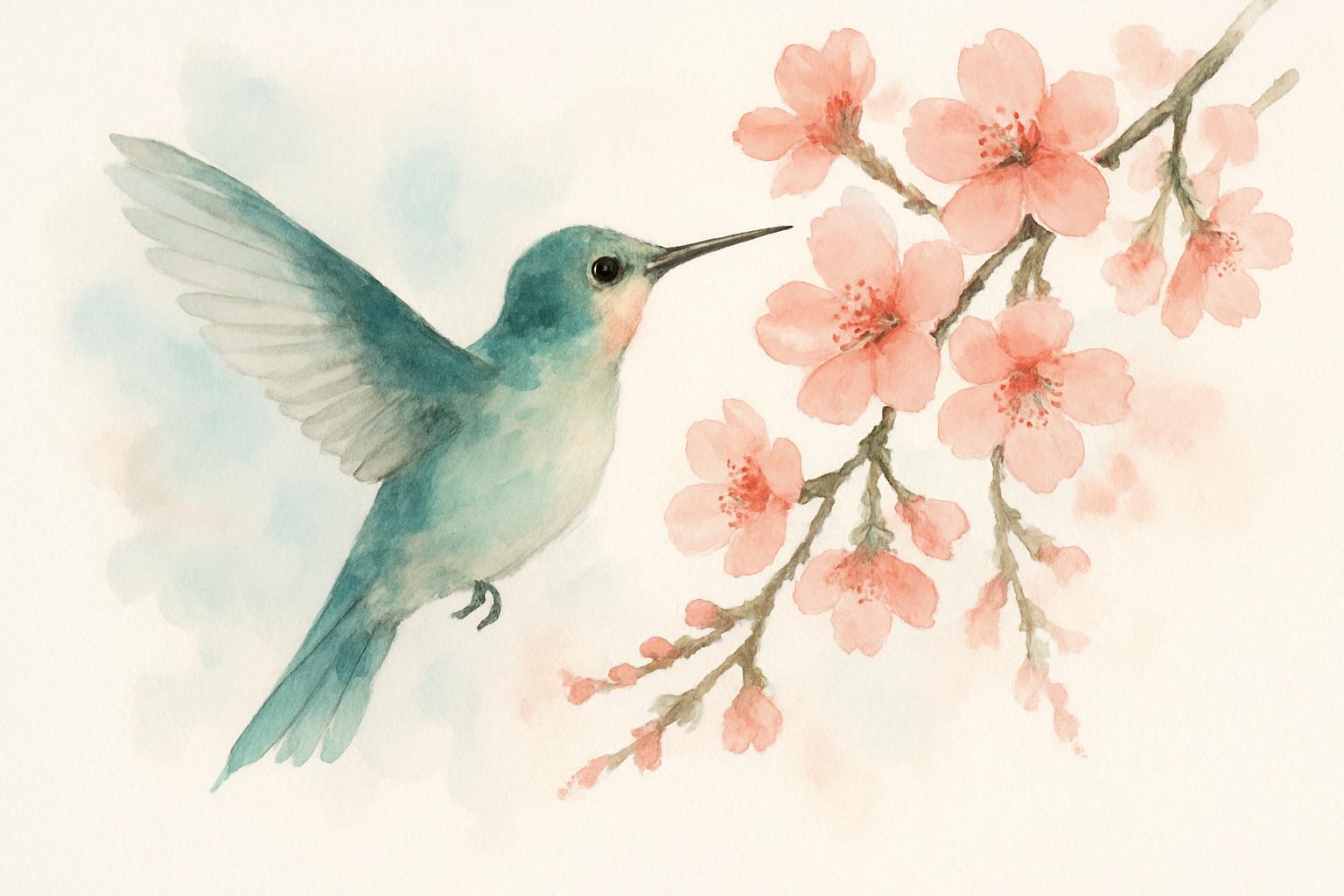 Watercolor painting of a hummingbird at a cherry blossom branch
