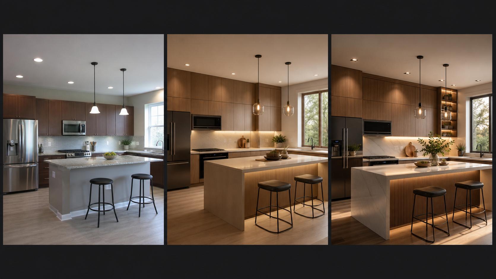Kitchen showroom photo transformed into a modernized render and high-resolution sales visual