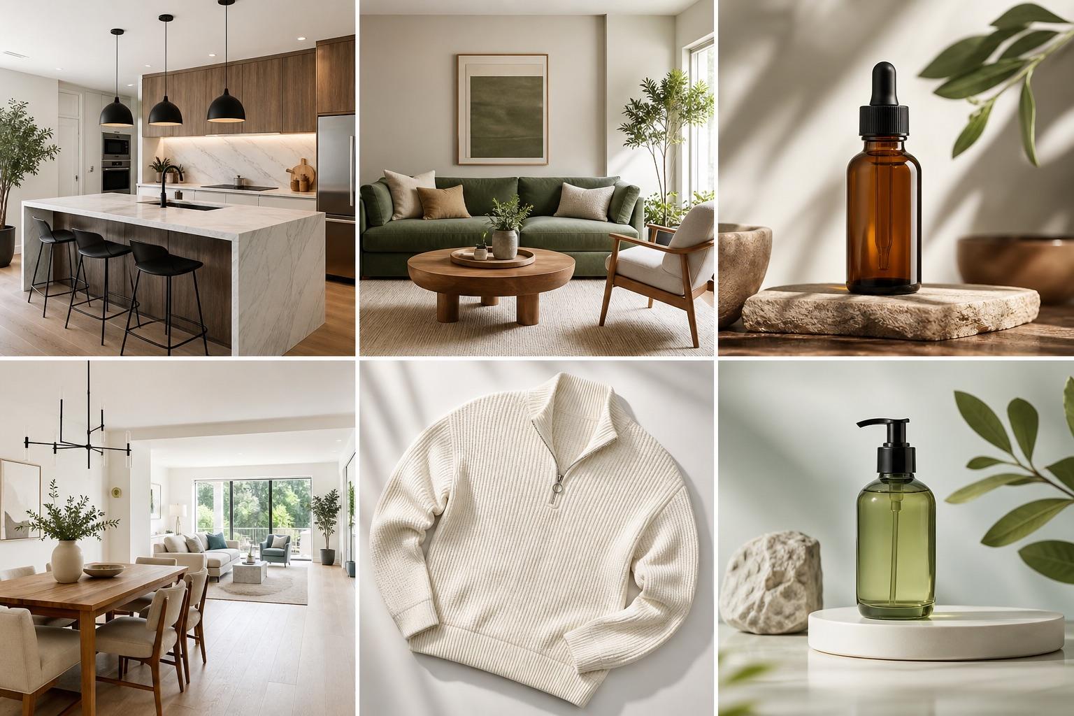 Examples of AI-generated commercial visuals for kitchens, furniture, products, real estate, ecommerce, and ads