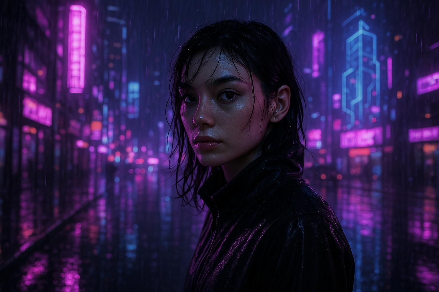 Cyberpunk Style Landscape AI image: A futuristic cyberpunk landscape with neon purple and blue lights, holographic elements, rain-soaked