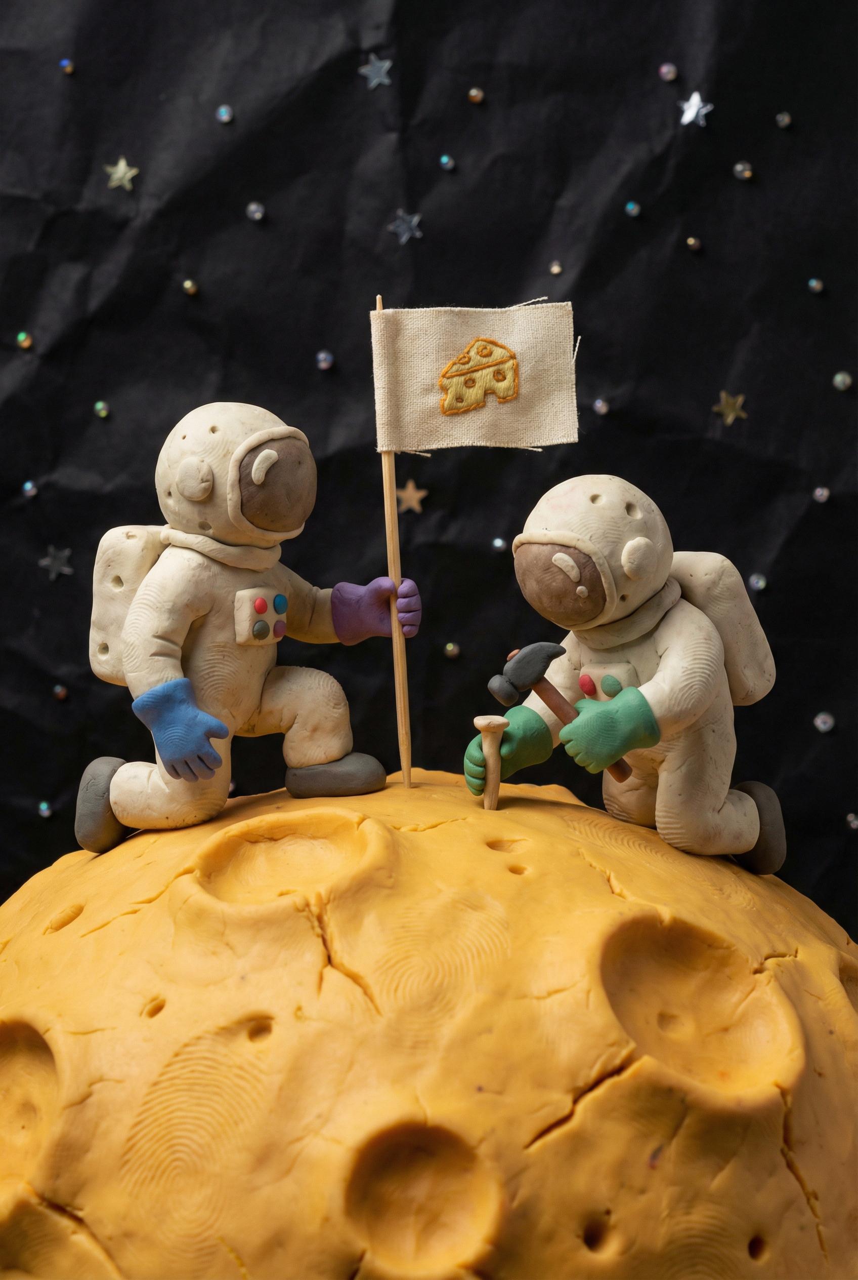 A stop-motion claymation scene of two clay astronauts planting a flag on a cheese-textured moon, starry black background