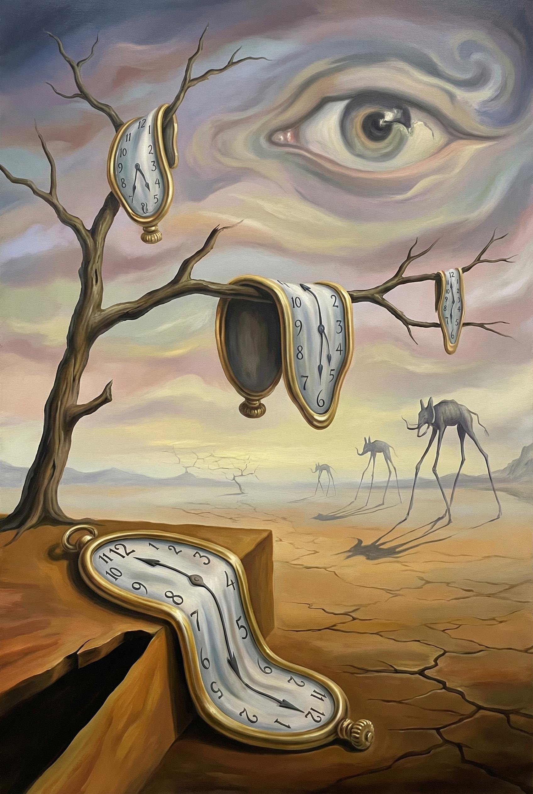 A surreal landscape featuring melting pocket watches draping over dead tree branches, a barren desert horizon, strange l