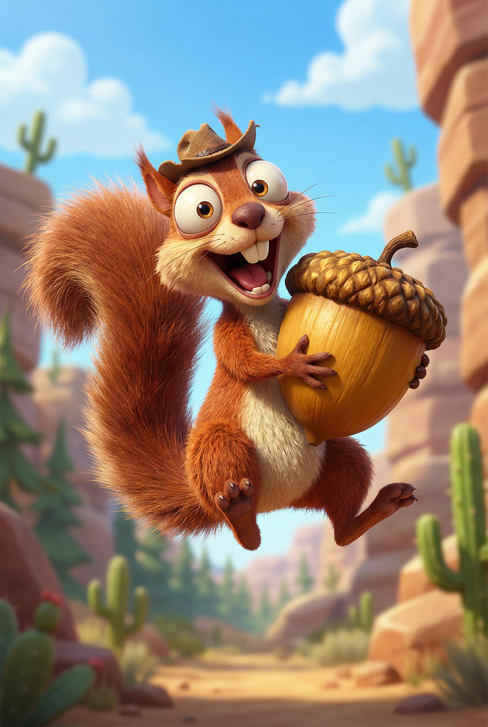 A high-quality 3D cartoon render of a hyper-active squirrel holding a giant acorn, exaggerated facial expression, bulgin