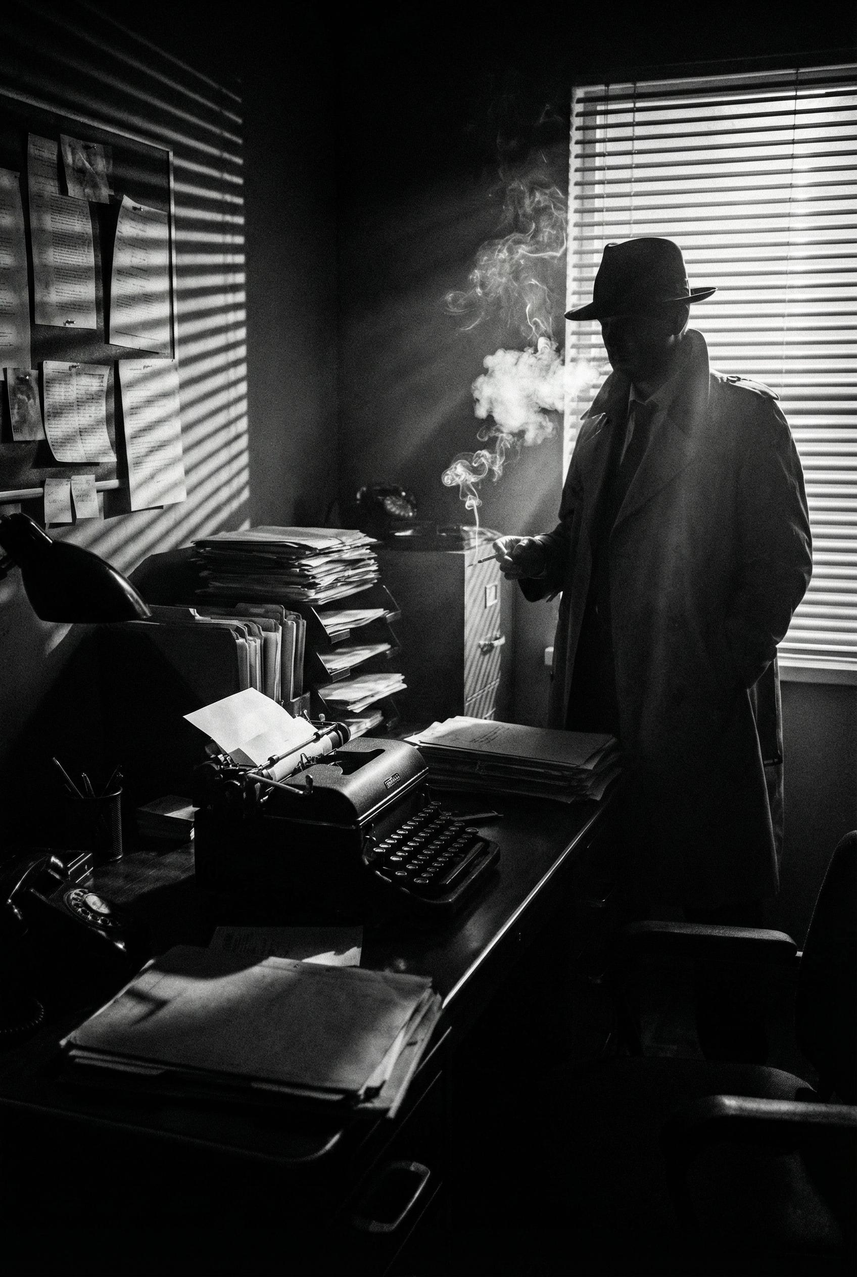 A cinematic shot inside a detective's office, blinds casting long horizontal shadows across the room, smoke swirling in