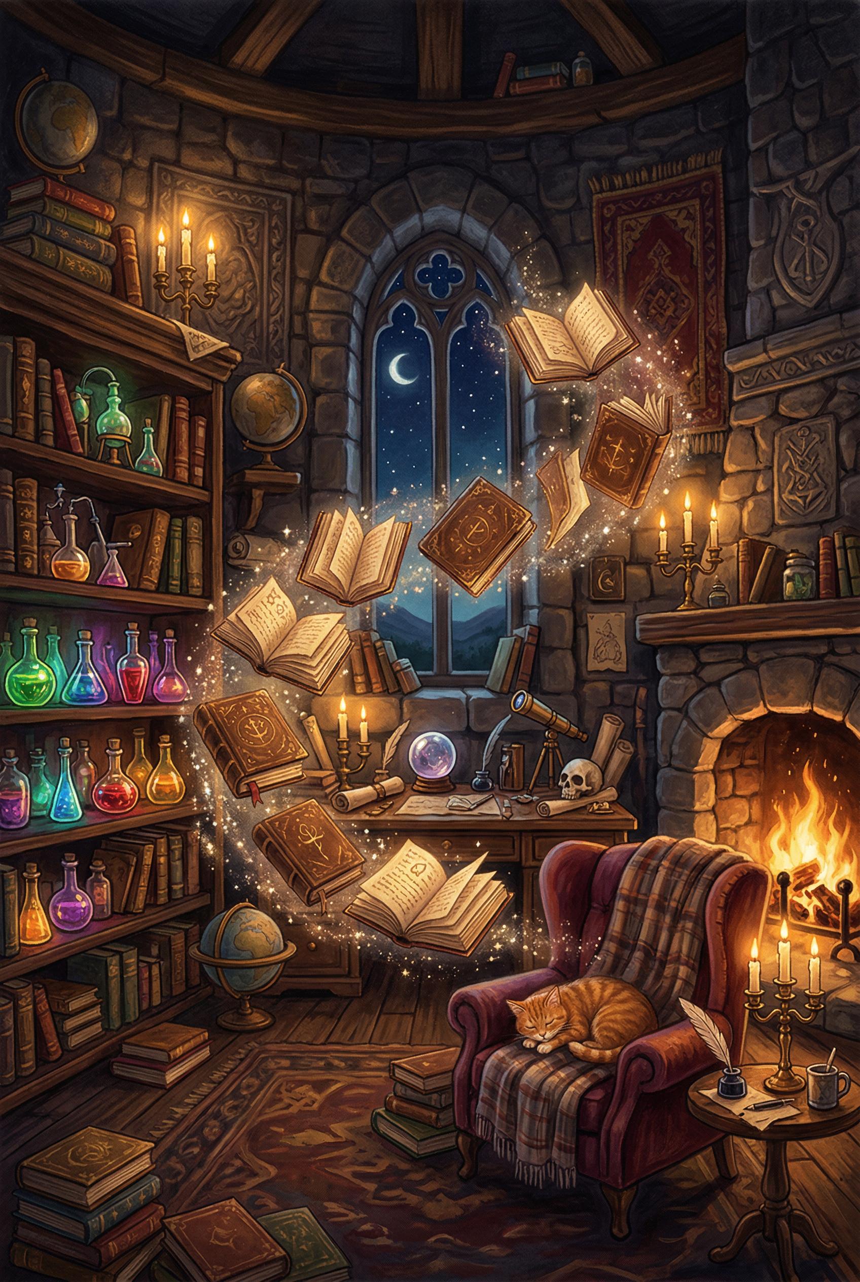 A cozy and cluttered wizard's study in a stone tower room, dozens of ancient leather-bound spell books floa...