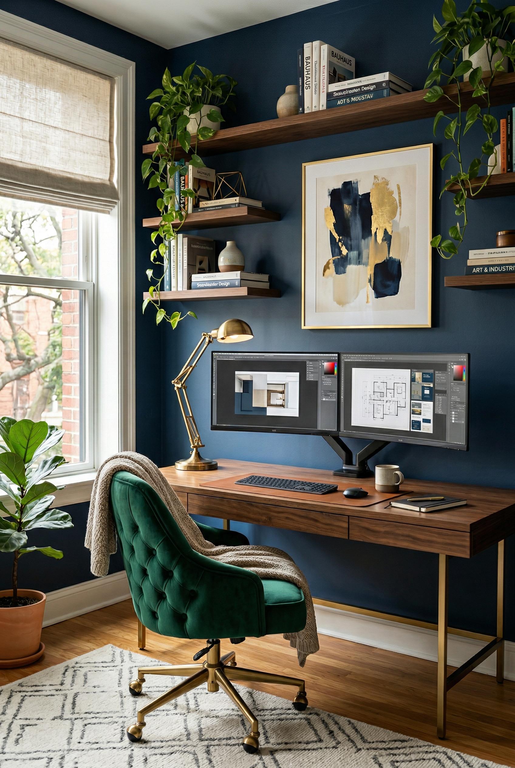 A stylish home office with dual ultrawide monitors on a deep walnut desk with brass legs, a plush emerald g...