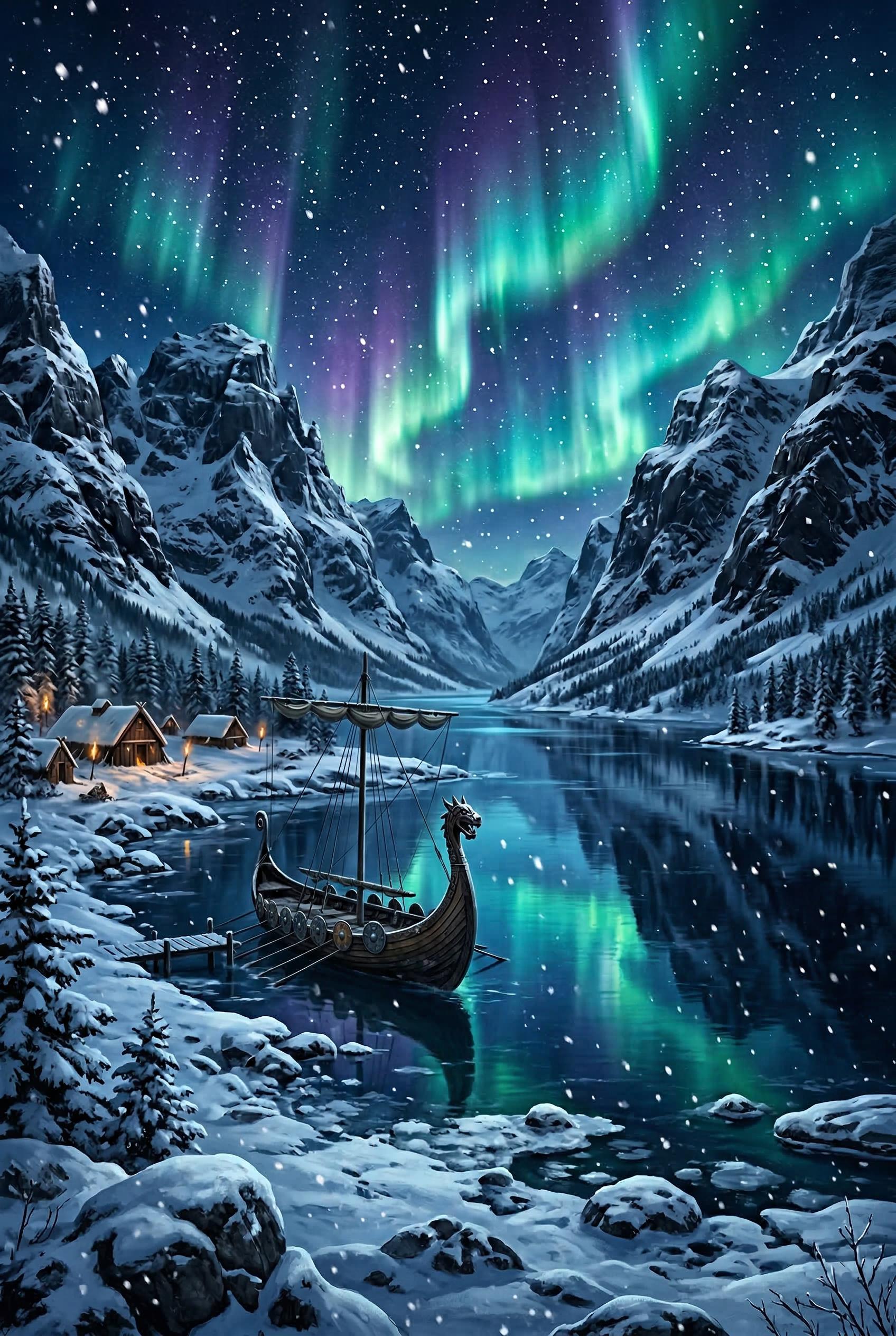 A breathtaking panoramic view of a frozen Viking fjord in winter, towering snow-covered mountain peaks on both sides of