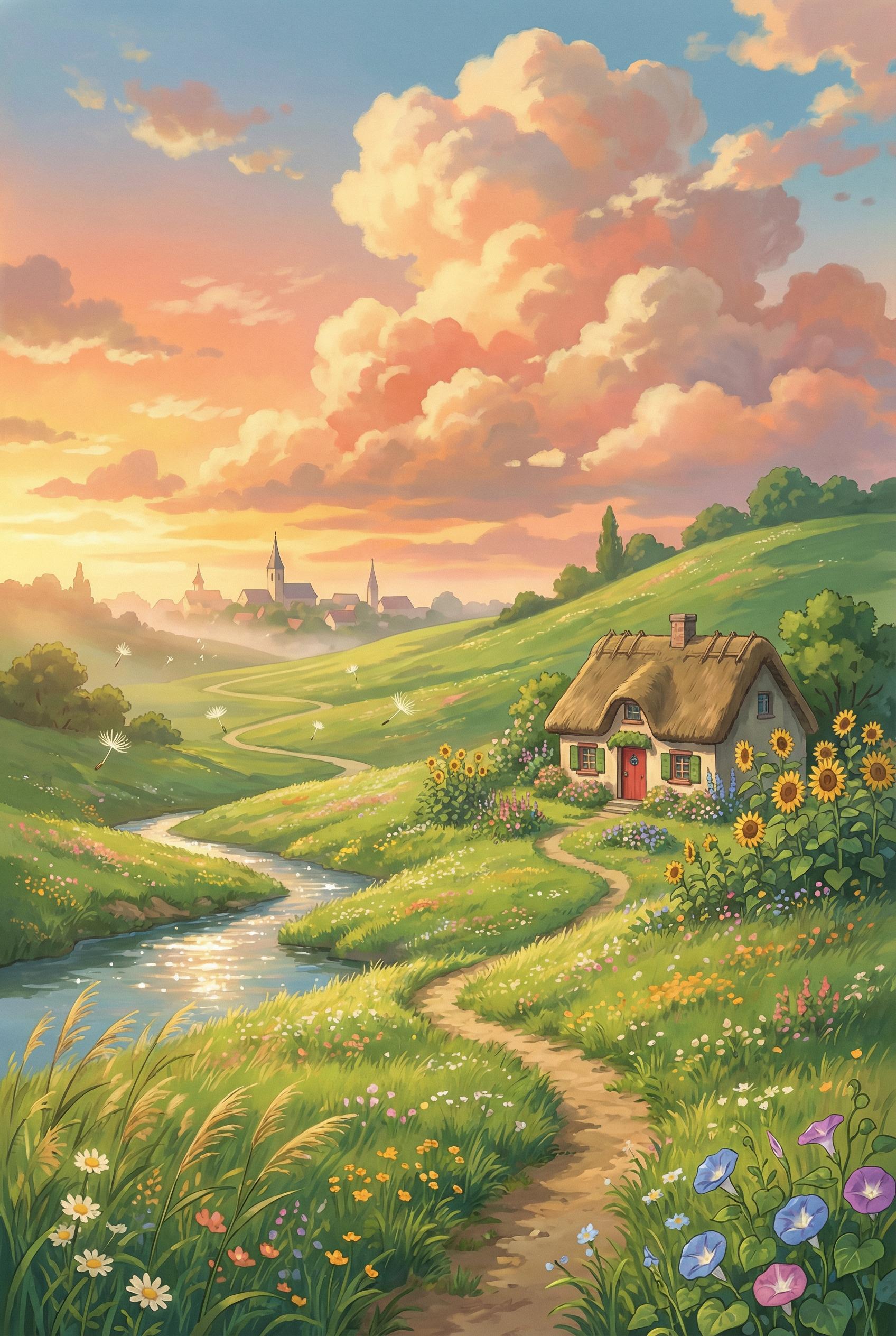 A Studio Ghibli-inspired panoramic landscape of rolling emerald green hills covered in wildflowers and tall swaying gras