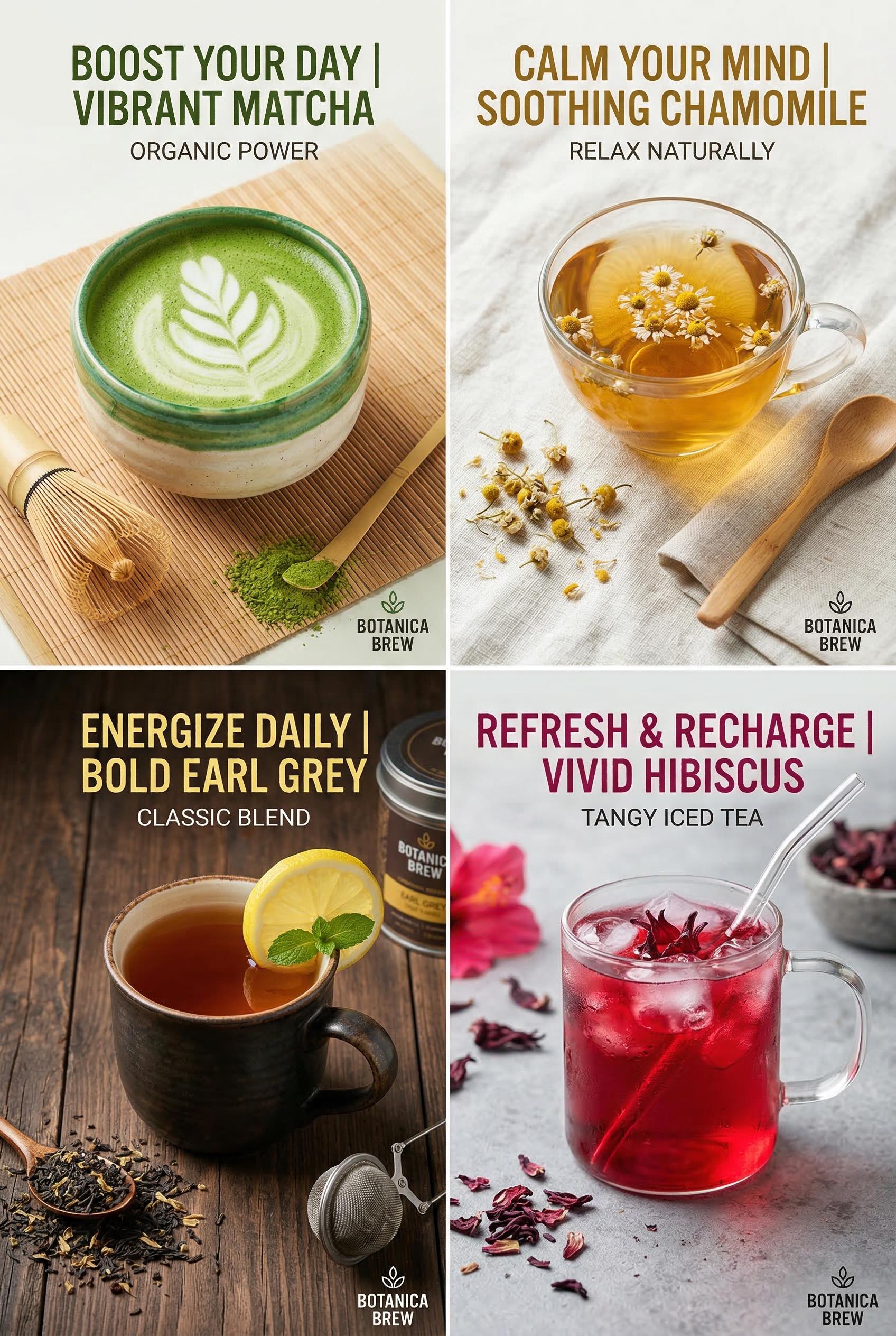 A 2x2 grid layout showing four different Facebook ad visual variations for an organic tea brand, top-left features vibra