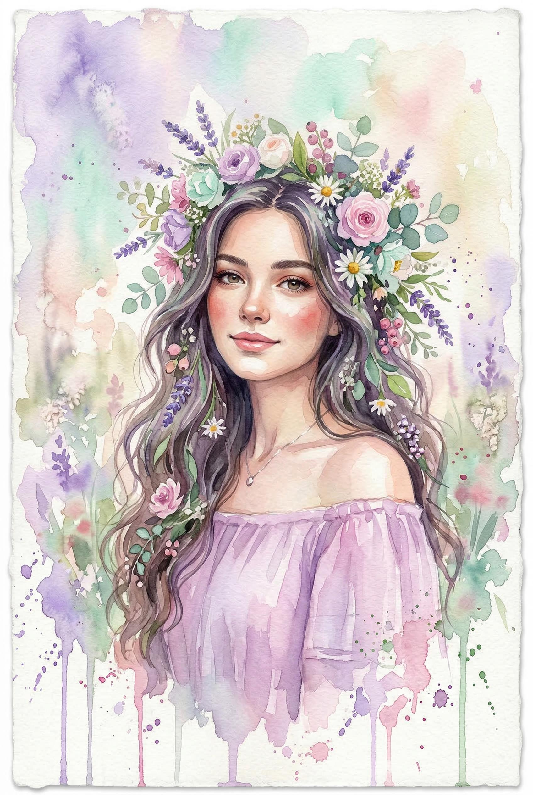 A beautiful watercolor portrait of a young woman with wildflowers woven into her flowing hair, soft pastel colors of lavender pink and mint green, gentle brush strokes visible, paint drips and splatters at the edges, dreamy ethereal atmosphere, fine art watercolor painting