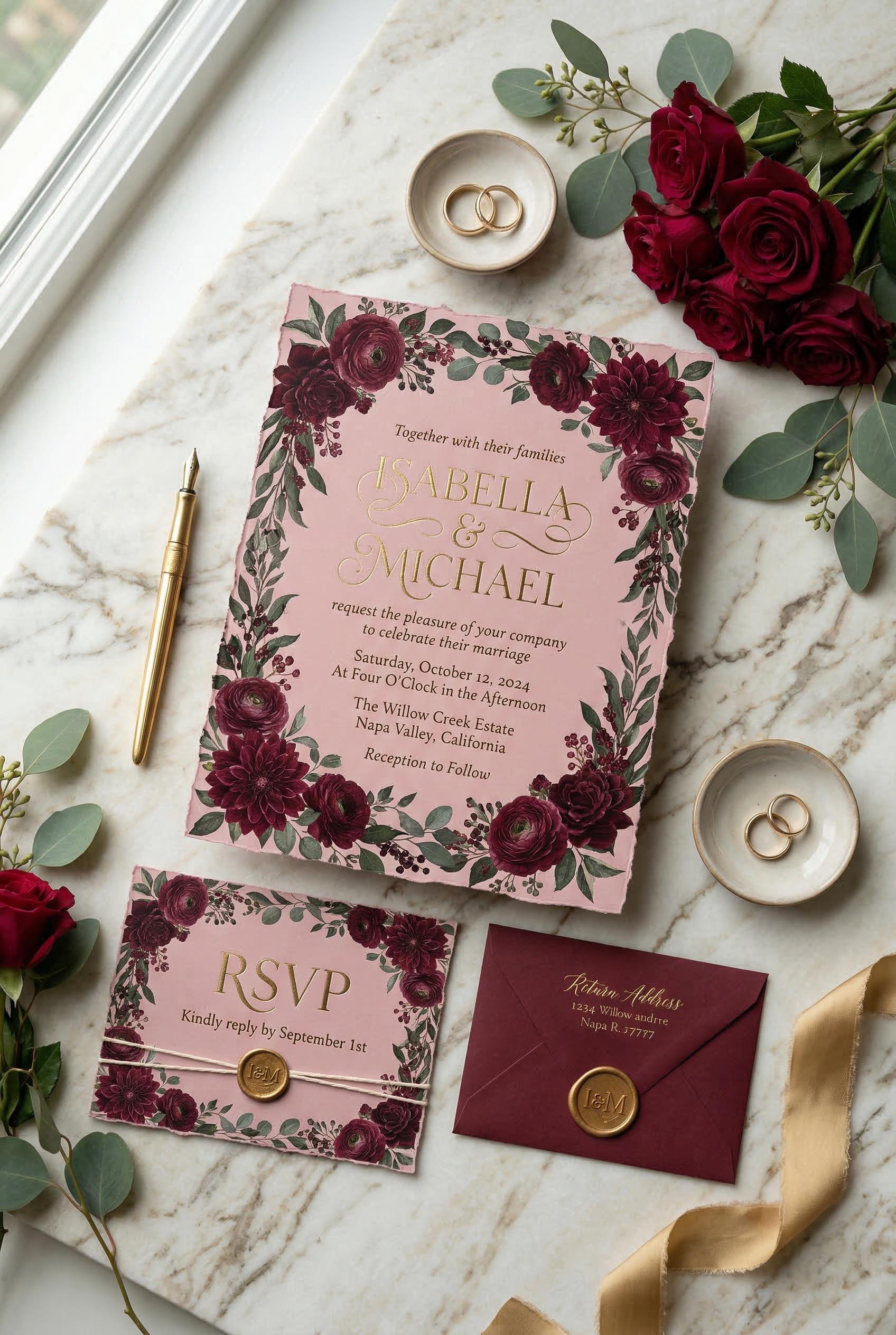 A wedding invitation card in dusty rose pink with burgundy floral border, gold foil text, on a cream marble surface, fla