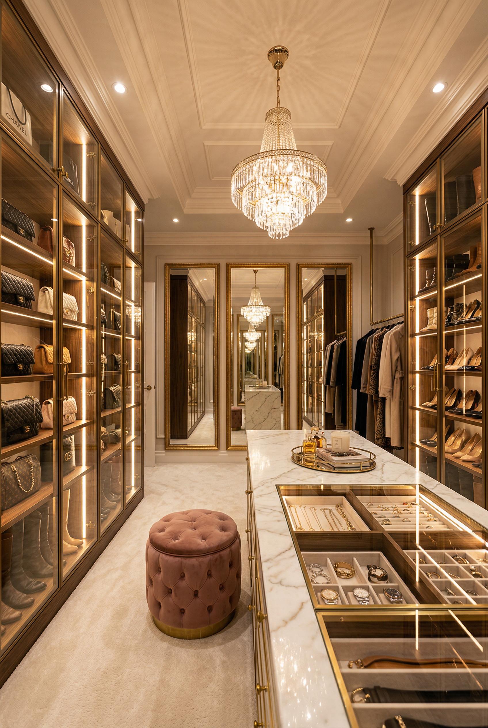 A glamorous luxury walk-in closet with floor-to-ceiling glass-front display cabinets with interior LED lighting showcasi