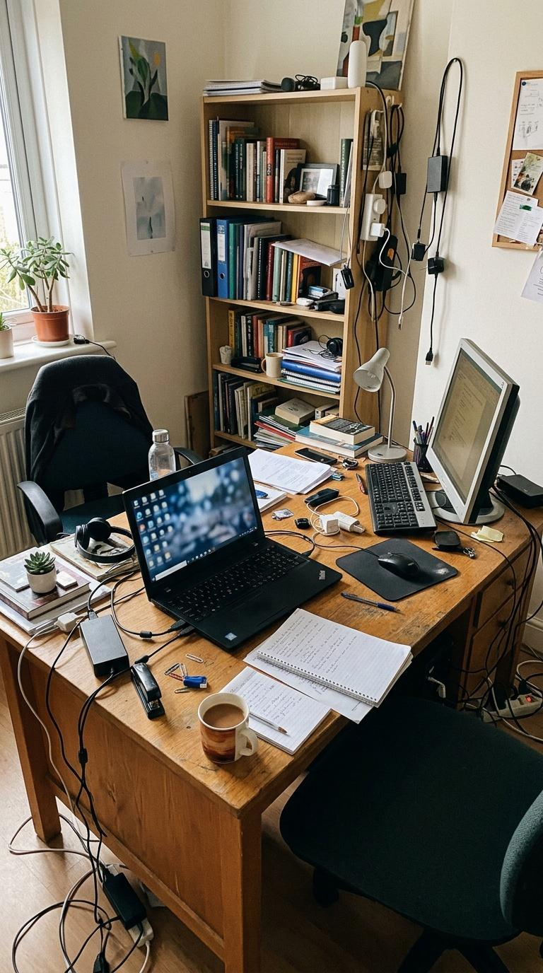 Amateur handheld phone photo of a slightly messy home desk area before redesign, imperfect wide-angl