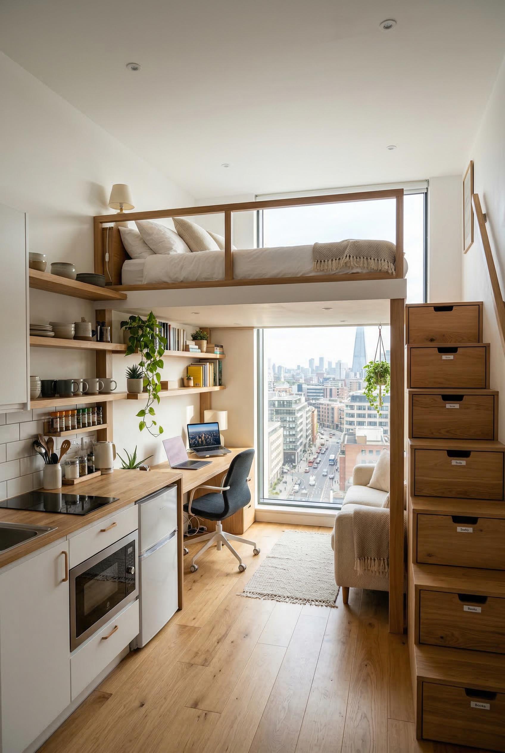 A clever small studio apartment with a loft bed above a home office nook, pull-out storage stairs, a compact kitchen wit