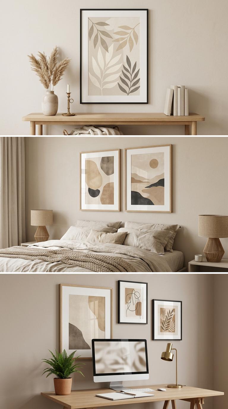 Create a premium vertical Pinterest pin for poster mockup ideas, featuring framed wall art scenes, neutral interiors, el