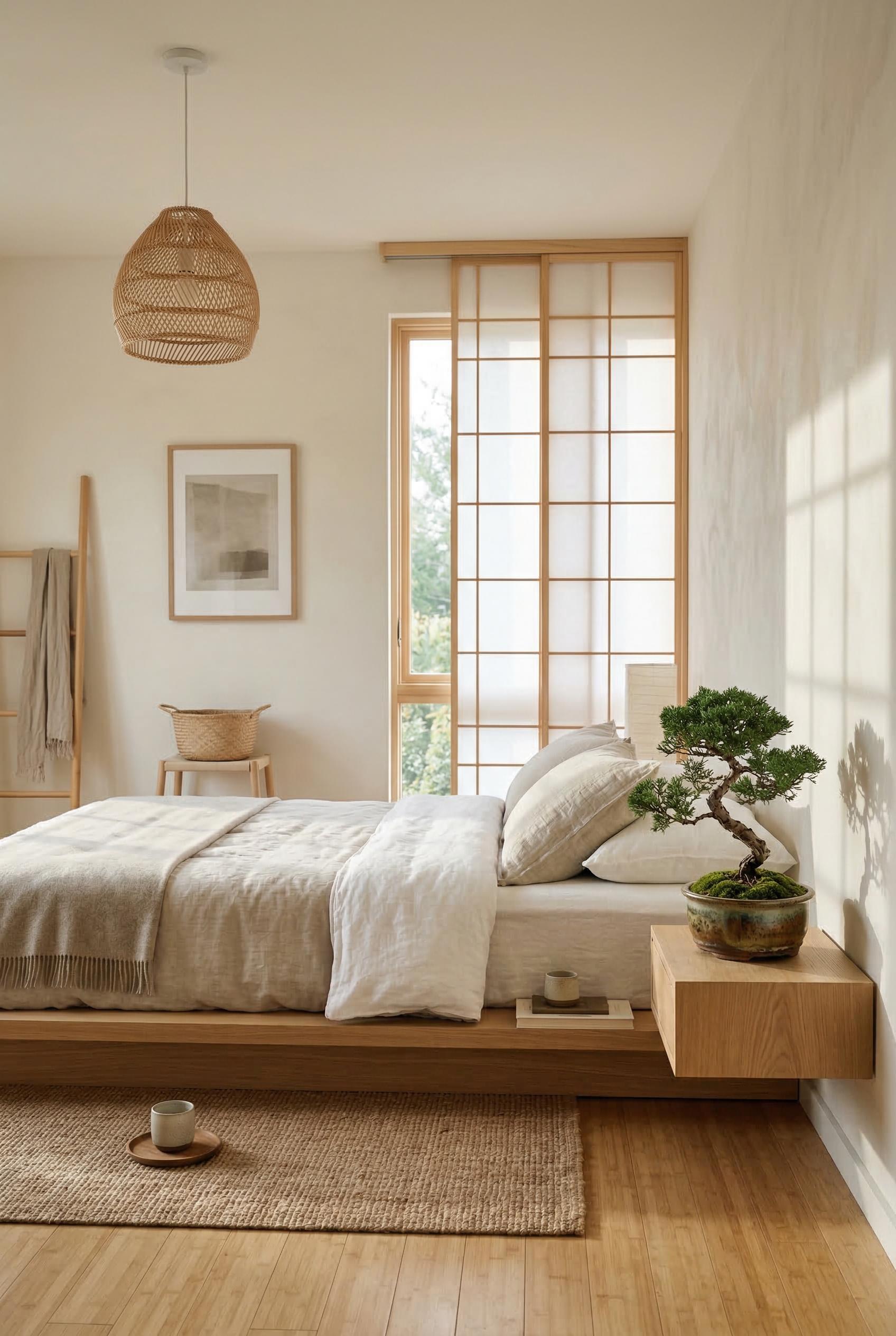 A serene Japandi-style bedroom with a low natural oak platform bed dressed in neutral oatmeal and wh