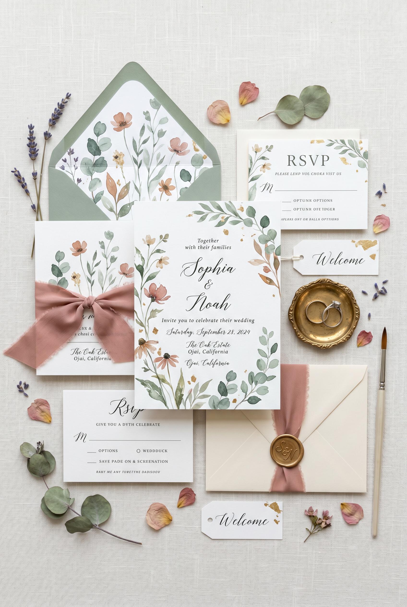 Pinterest-friendly wedding invitation ideas, flat lay composition with refined styling, inspired by current trend signal