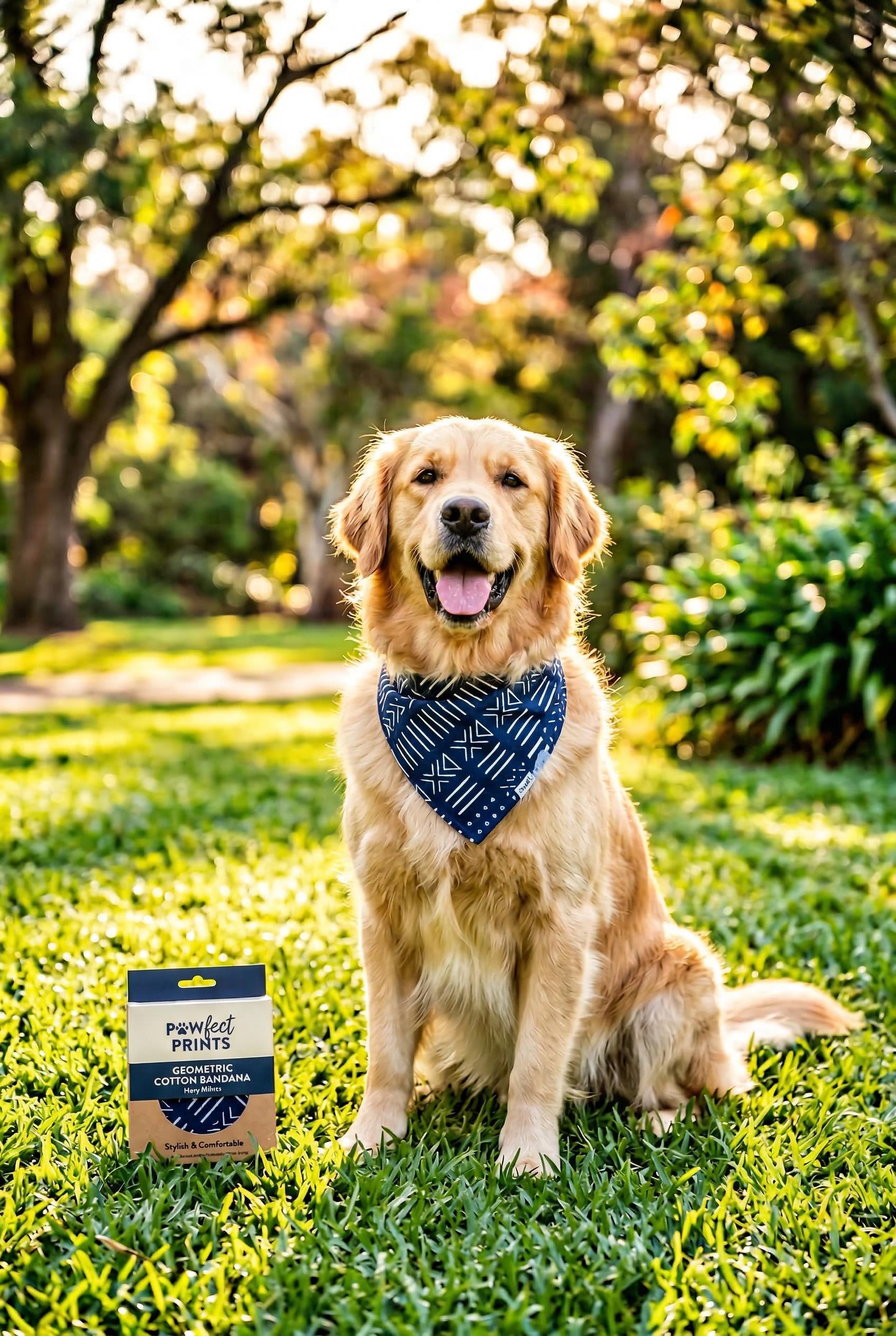 A bright and joyful Facebook ad visual featuring an adorable golden retriever sitting in a sunlit green park, wearing a 