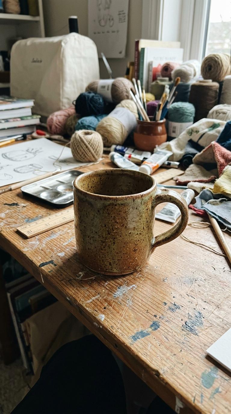 Amateur handheld phone photo of a handmade product in a busy home craft workspace, imperfect framing