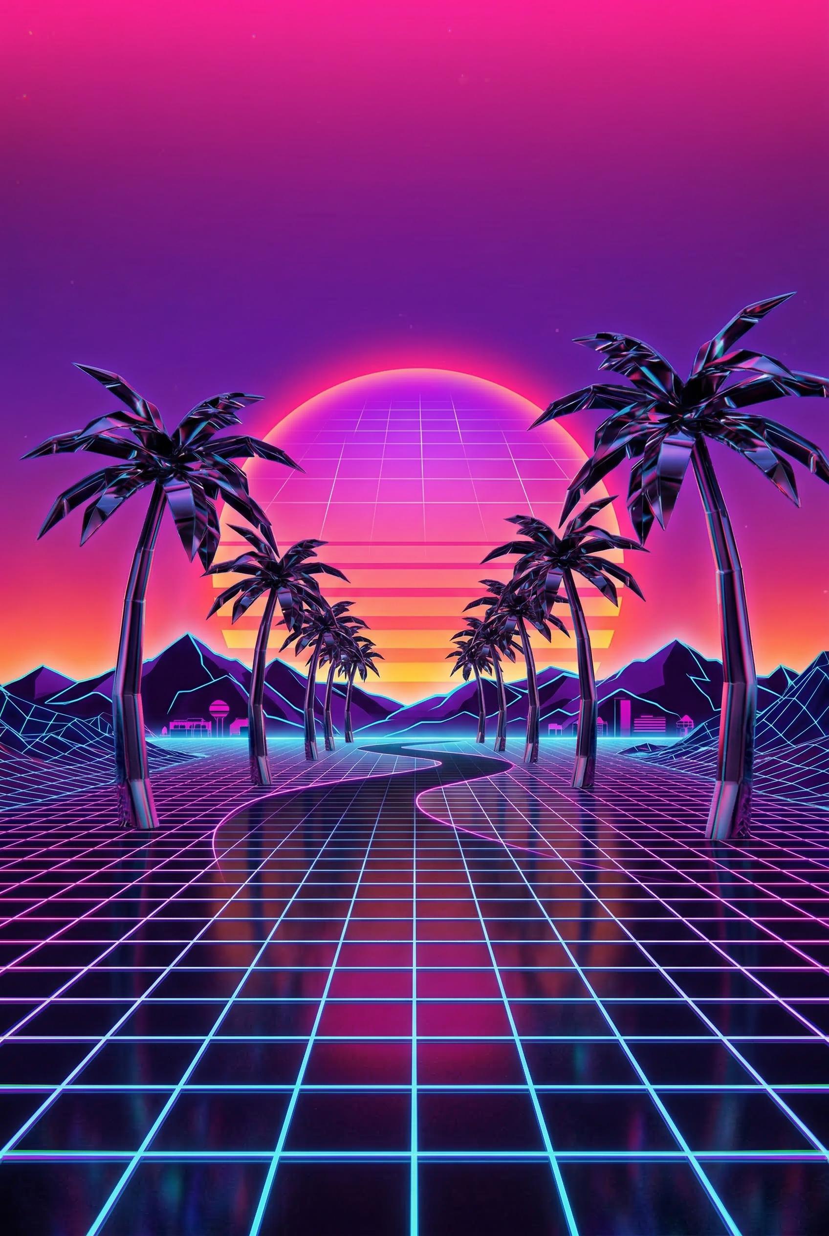 A vaporwave retrowave sunset landscape, neon pink and purple gradient sky, chrome palm trees silhouetted against the sun
