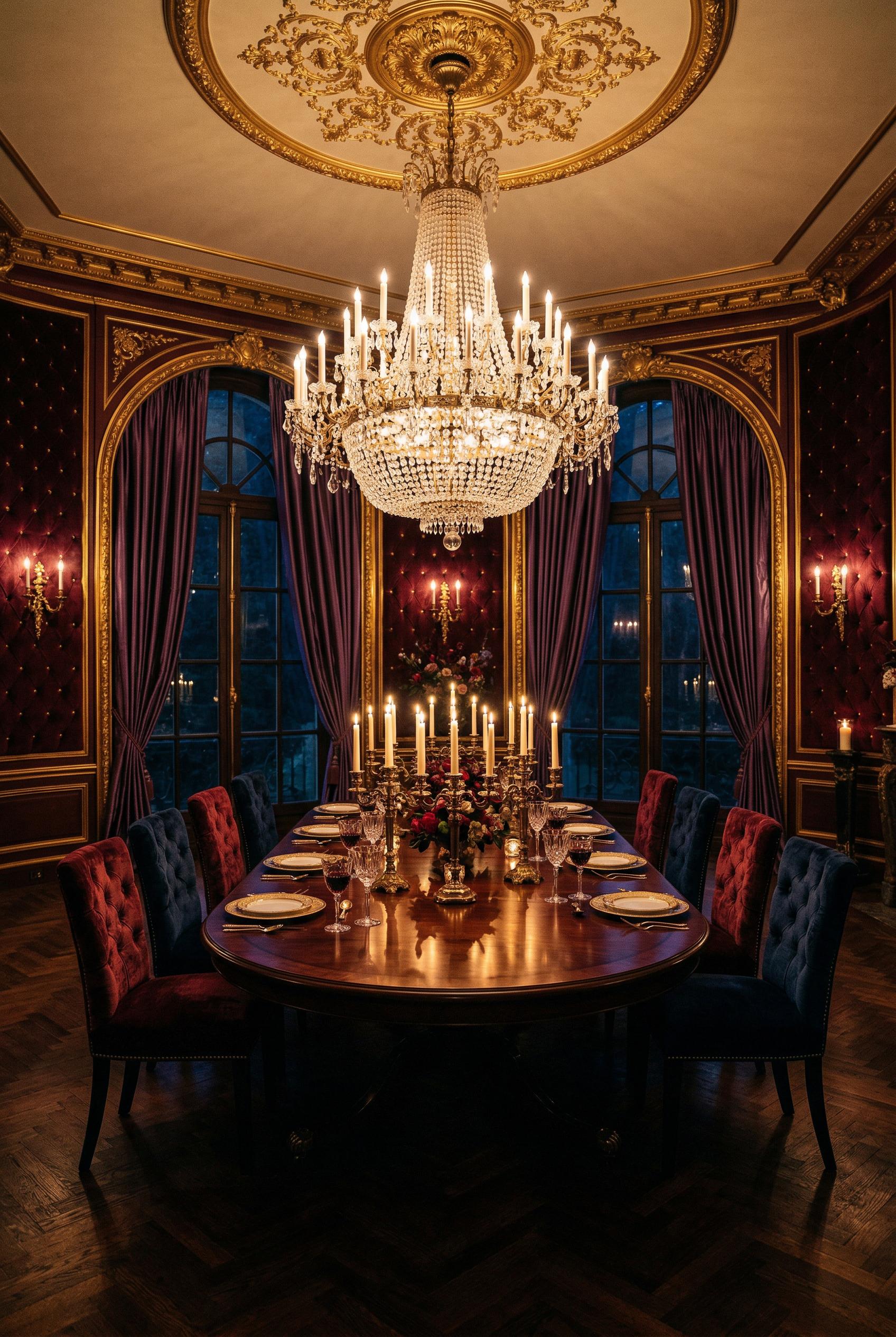 A grand opera-aesthetic inspired dining room with deeply dramatic ambiance. The walls are upholstere