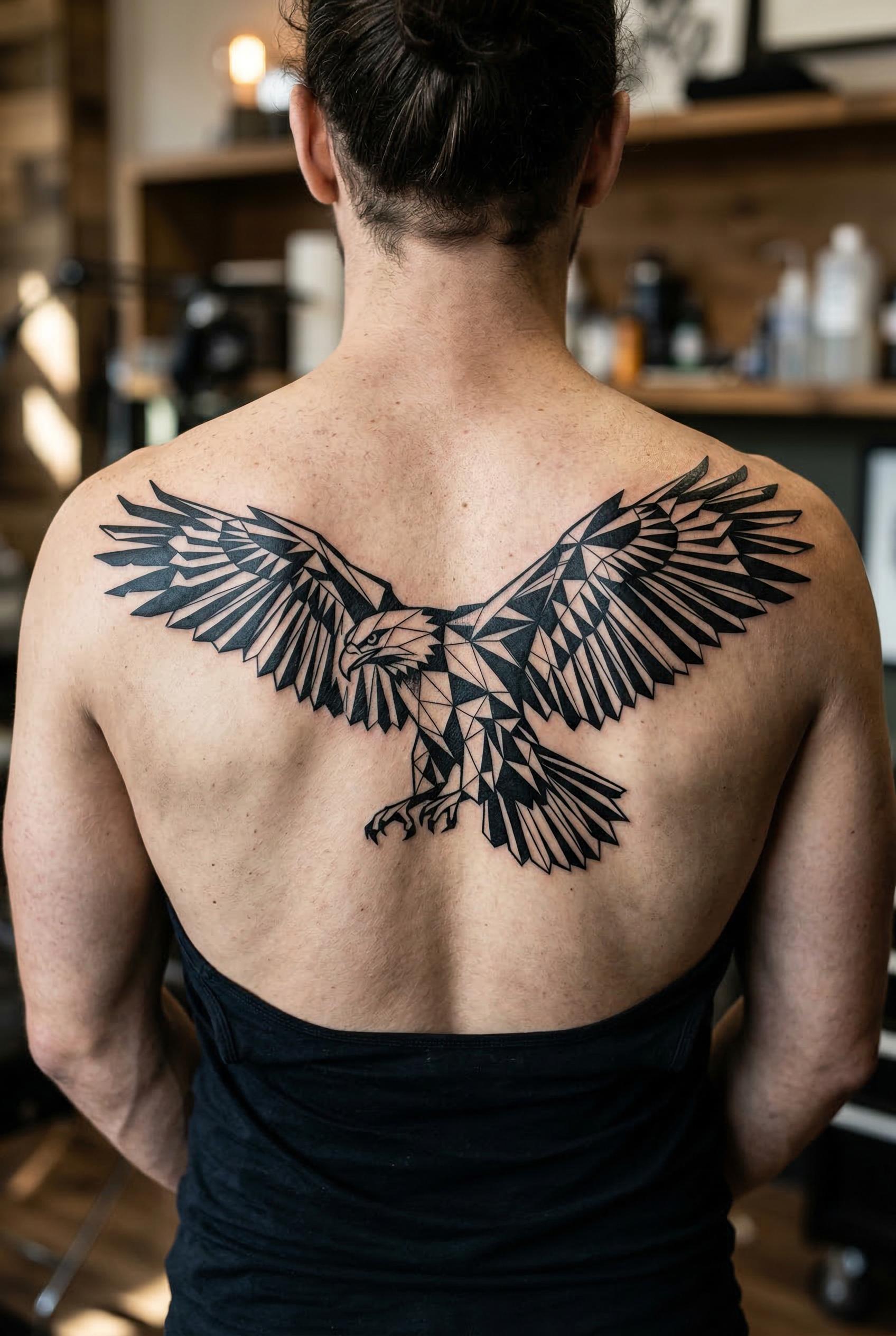 An abstract geometric eagle tattoo on the upper back, the eagle captured mid-flight with wings fully spread, entirely co
