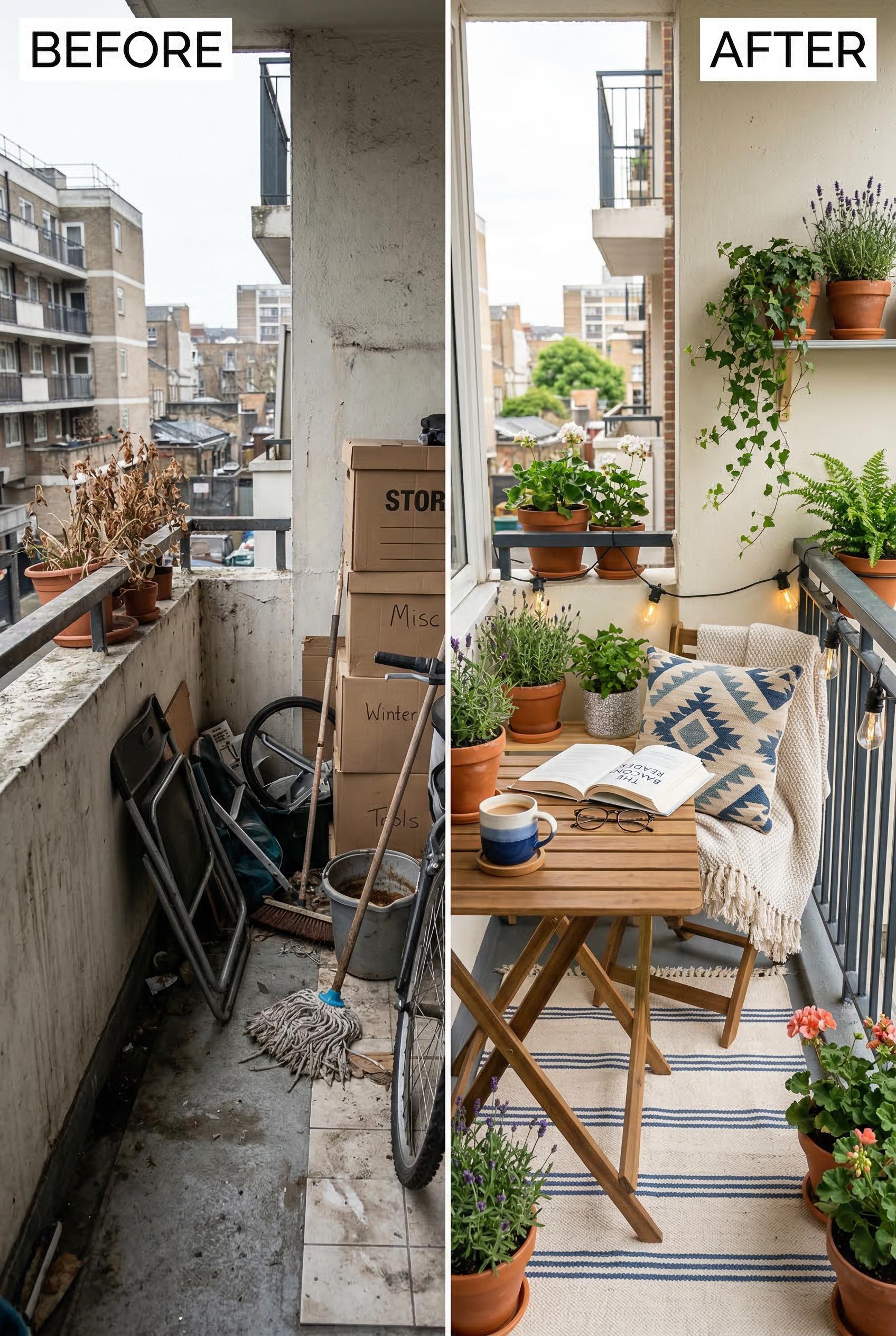 A vertical split-screen image showing a small apartment balcony transformation. Left side labeled 'Before': a cramped cl