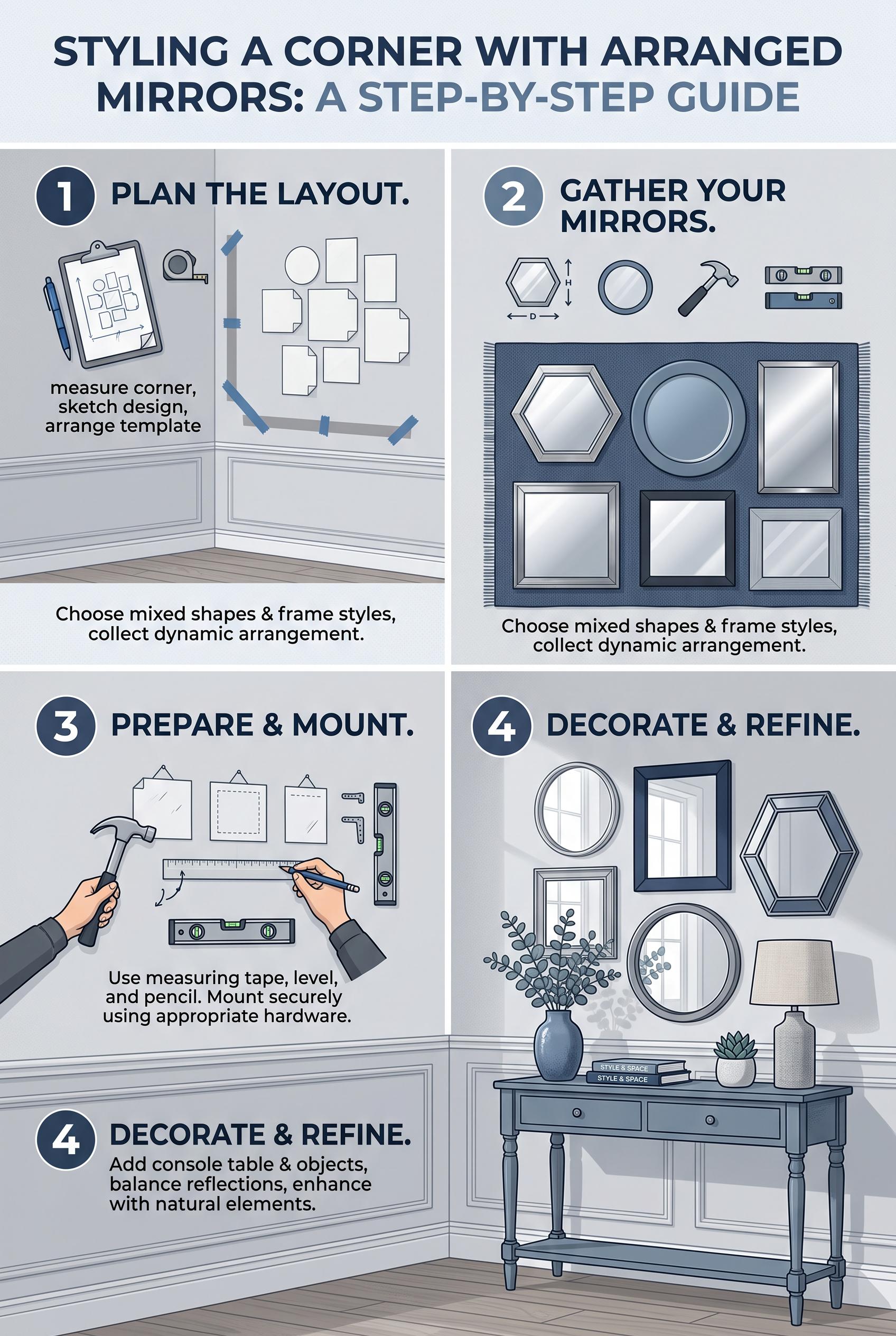 A vertical 2:3 composition detailing a stylish corner with arranged wall mirrors, incorporating cool blues ...
