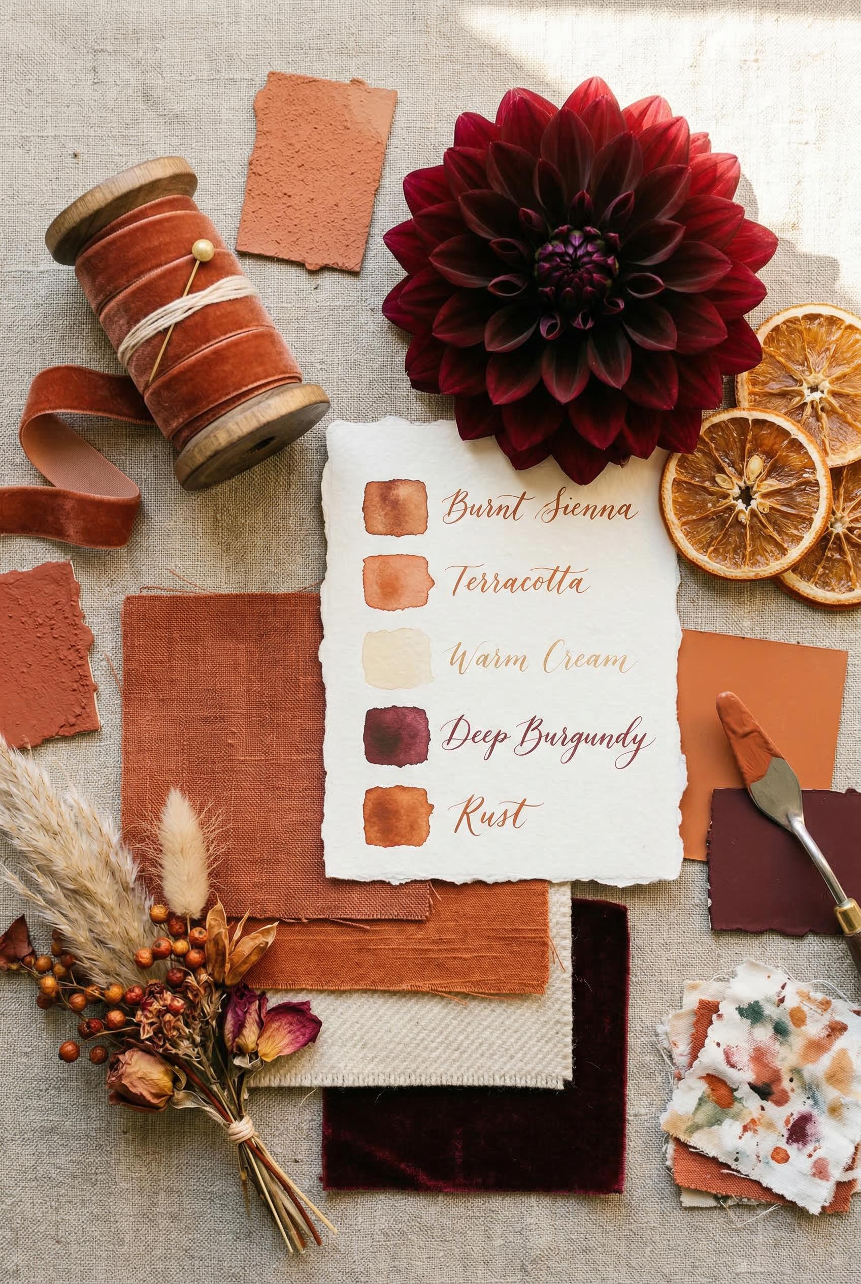 A beautifully styled flat lay arrangement of fabric swatches, textured paint chips, and real flowers in terracotta, burn