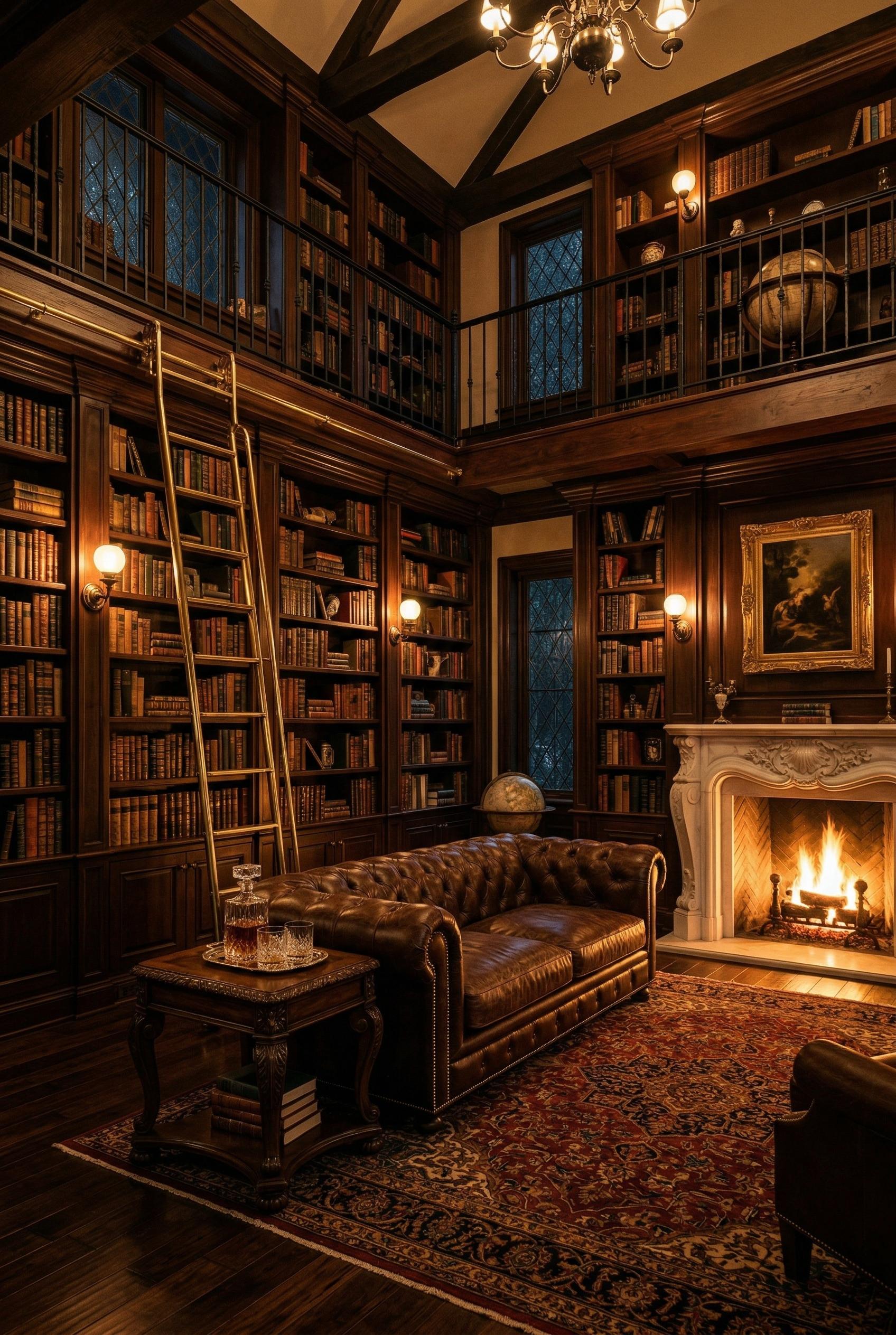 A grand double-height home library with floor-to-ceiling dark mahogany bookshelves lining every wall, filled with leathe