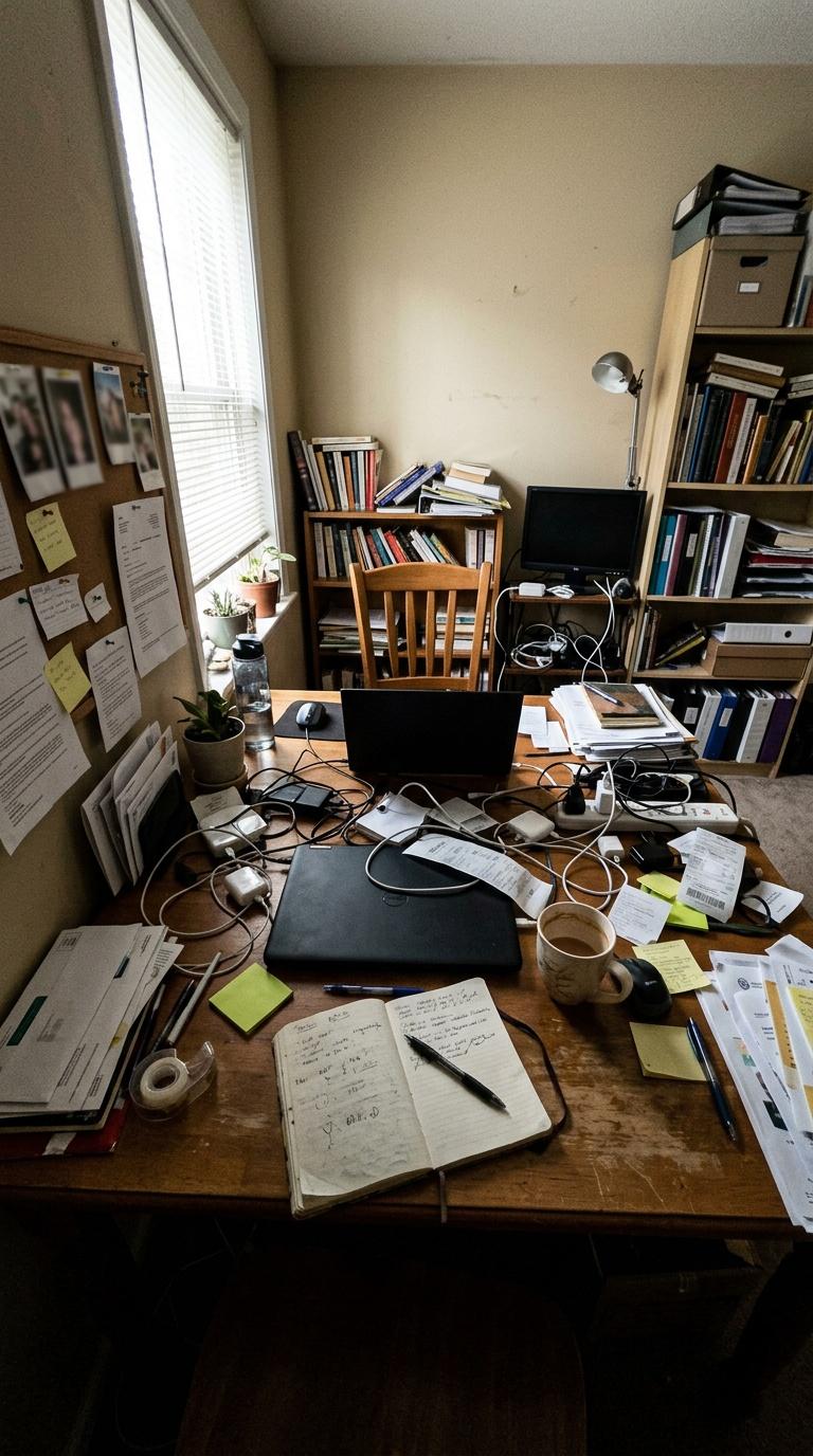 Amateur handheld phone photo of a slightly messy home desk area before redesign, imperfect wide-angl
