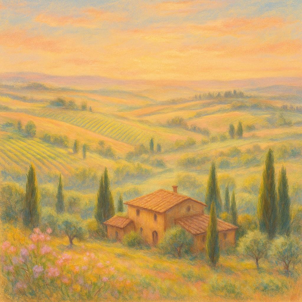 Pastel Style Scene AI image: A breathtaking Italian landscape at golden hour, showcasing rolling hills adorned with vibrant viney