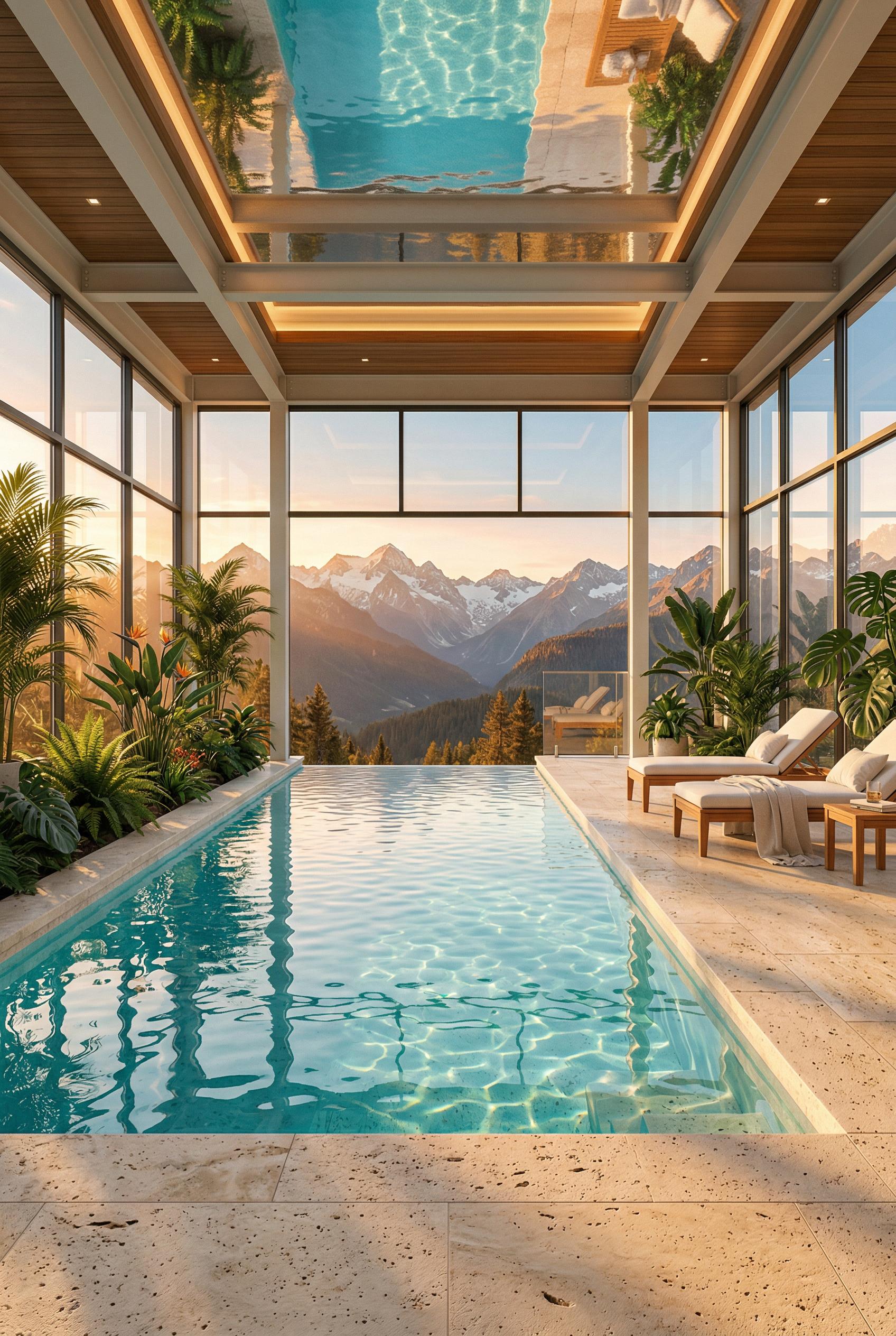 A luxury indoor pool room with an infinity-edge pool filled with crystal clear turquoise water, surrounded by creamy tra