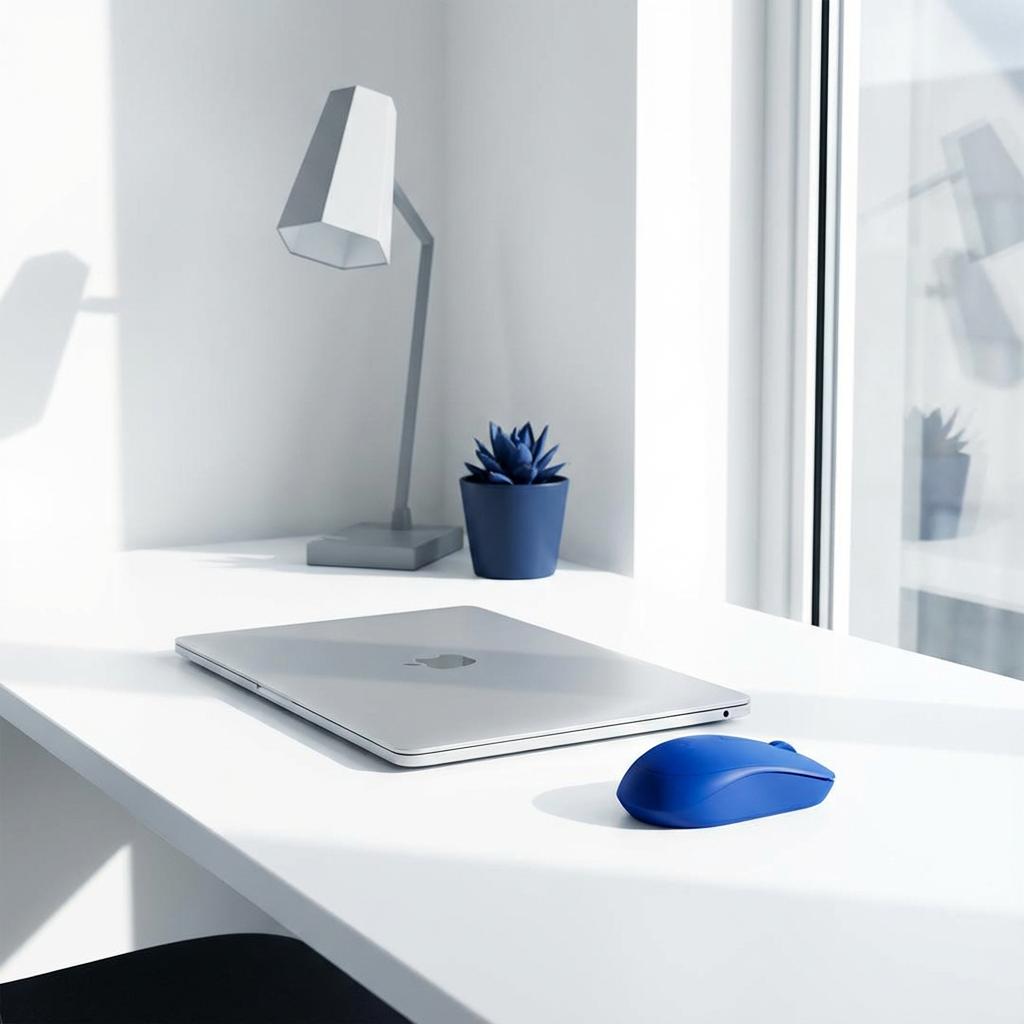 Modern Style AI image: A minimalist workspace with a sleek laptop on white desk, bold accent of electric blue mouse, clean 