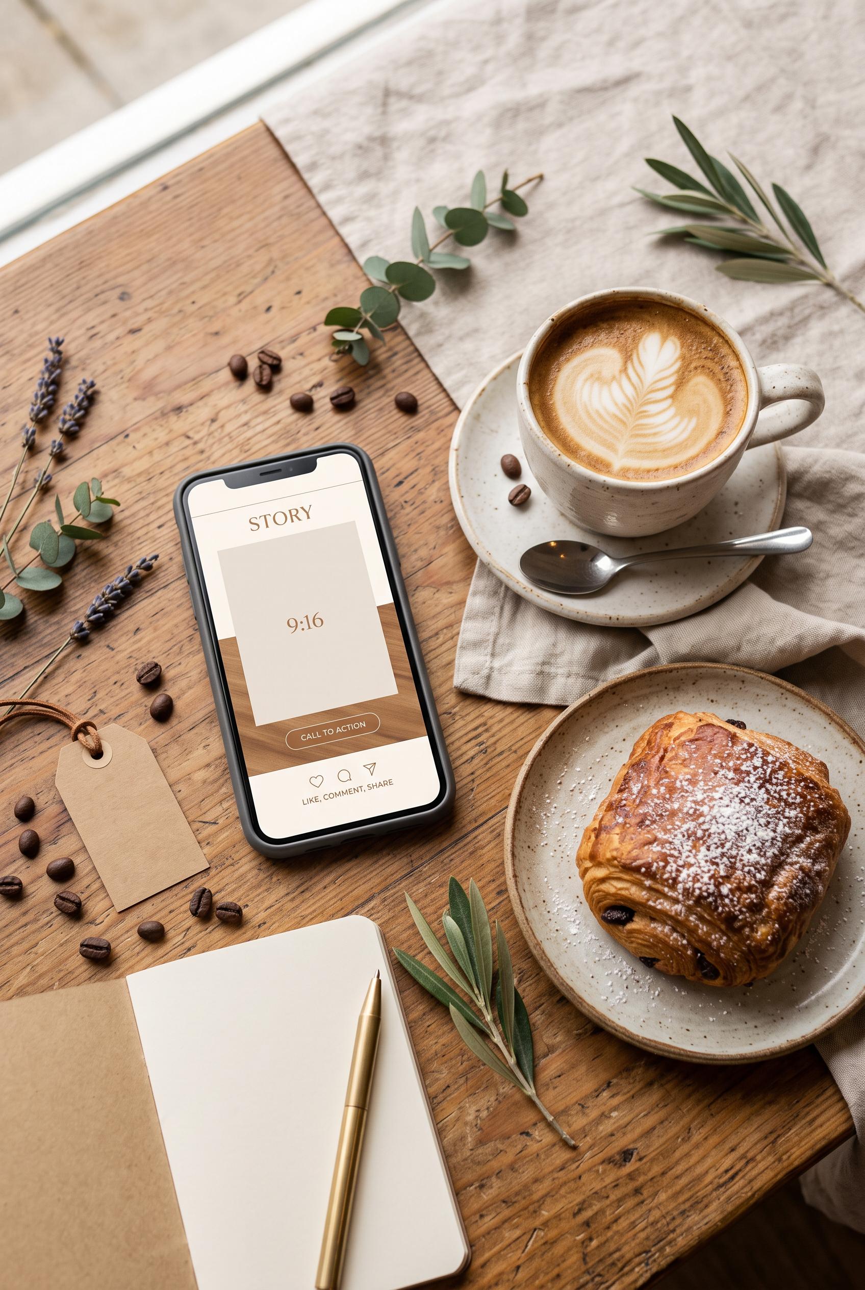 Premium editorial flat lay for a neighborhood café marketing campaign, ceramic coffee cup, pastry, s