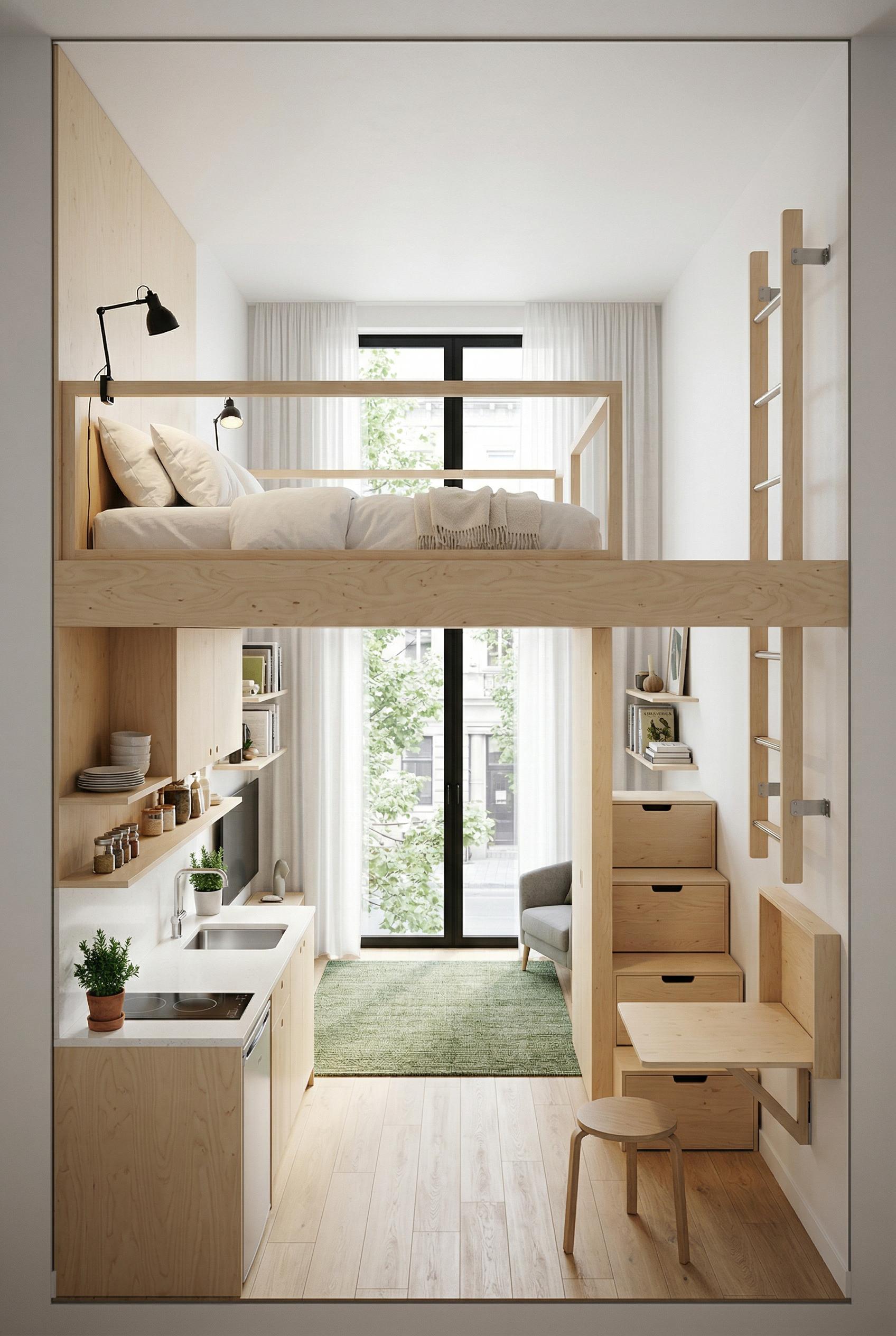 A compact 25-square-meter studio apartment with a lofted sleeping area accessible by a slim wooden ladder, featuring a c