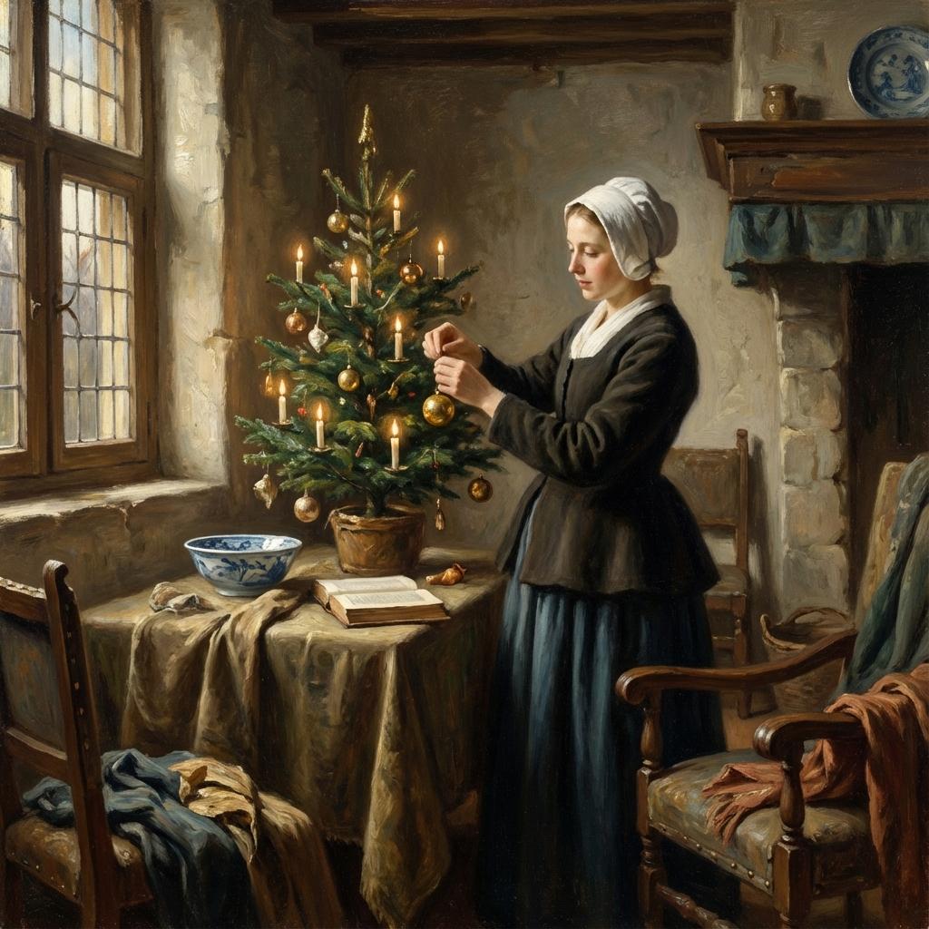 Vermeer‑inspired Christmas interior, soft natural window light illuminating cozy room, woman placing ornaments on small 