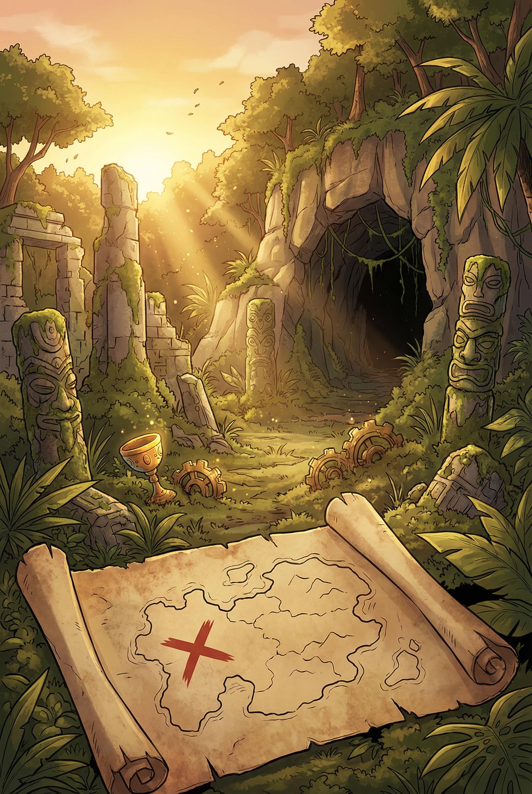 Treasure island landscape with ancient ruins, mysterious artifacts, lush tropical vegetation, hidden