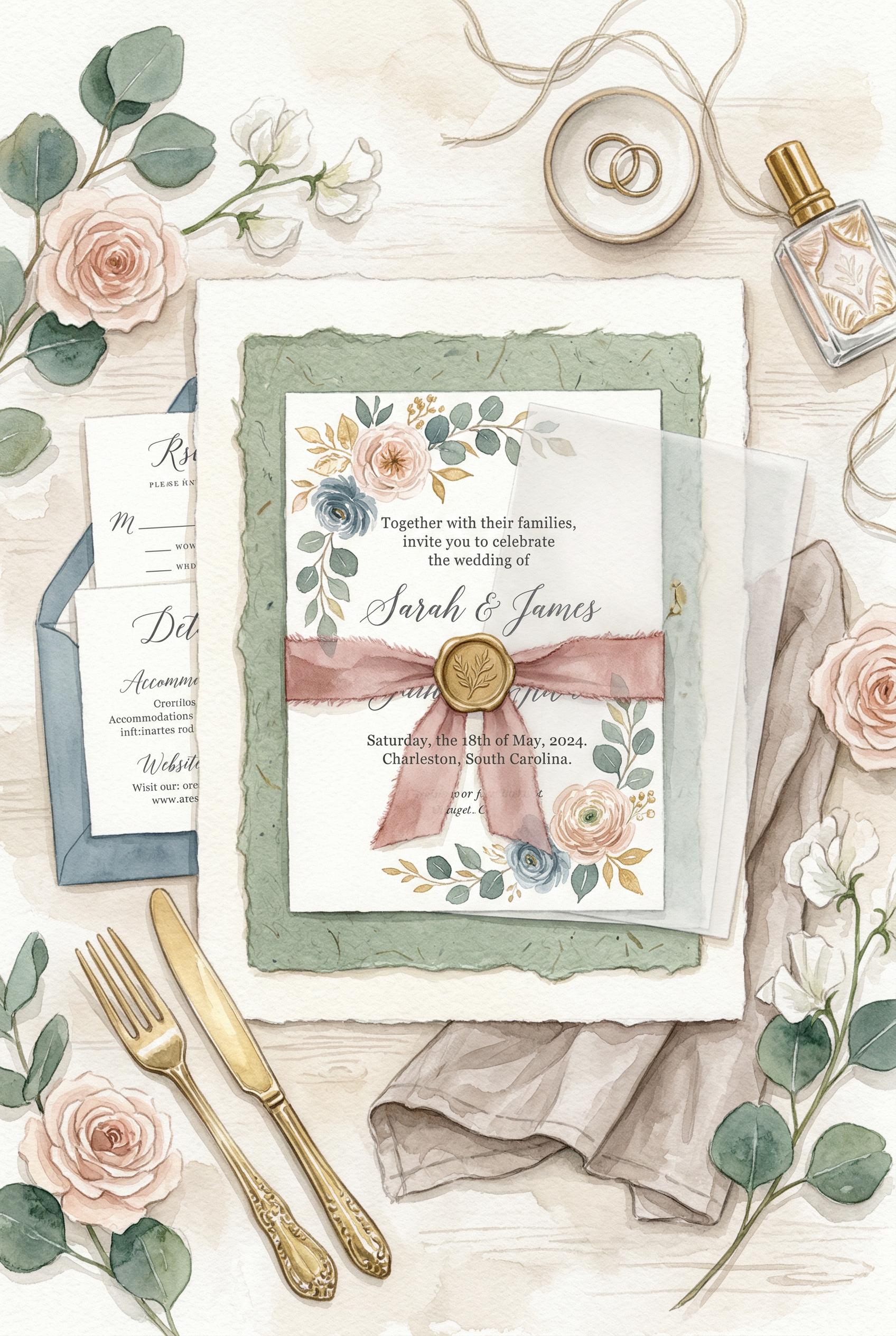 Pinterest-friendly wedding invitation ideas, luxury tabletop arrangement with layered paper textures, inspired by curren