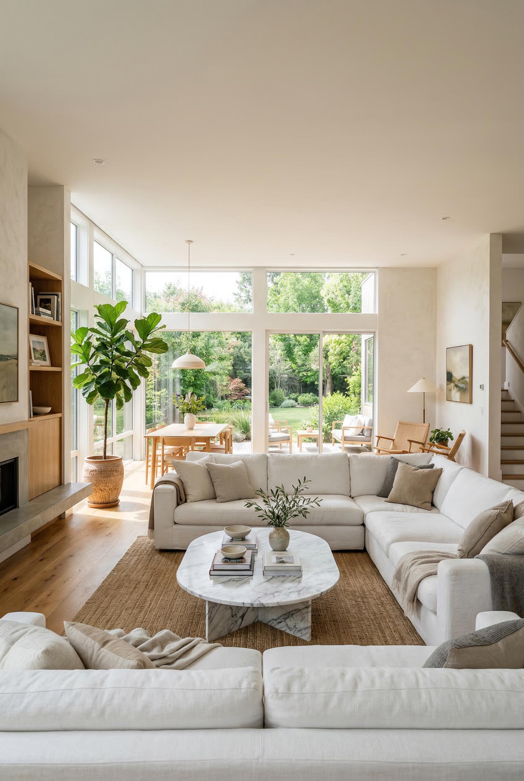 A sunlit open-plan living room with floor-to-ceiling windows flooding the space with natural daylight, a large white sectional sofa with soft linen cushions, warm honey oak hardwood floors, and a statement oval marble coffee table with grey veining. Indoor plants including a tall fiddle leaf fig in a ceramic pot sit near the windows. The walls are painted warm white, with a subtle textured plaster finish. Shot from a wide angle at eye level, architectural interior photography style, natural warm tones, ultra realistic, 8K quality
