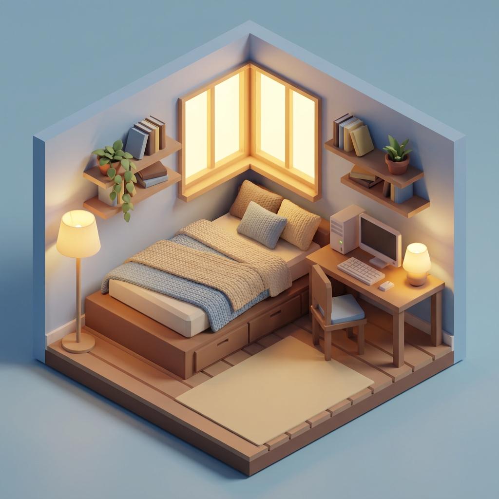 Isometric cozy bedroom scene with perfect 30-degree angles, detailed furniture including bed with textured blankets, des