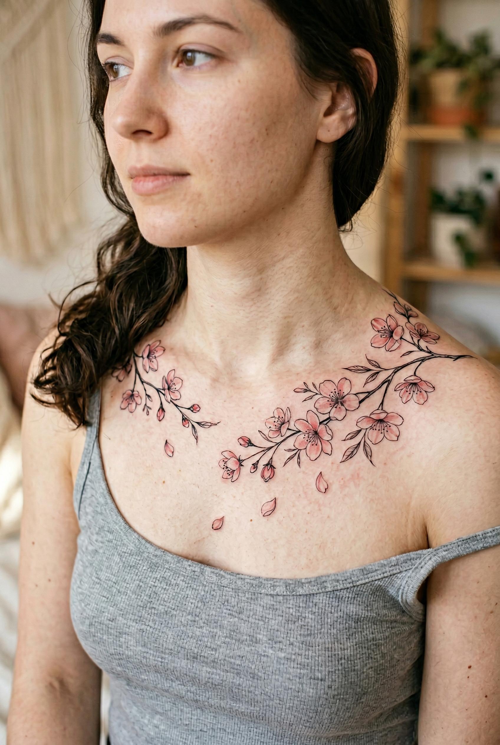 An elegant cherry blossom branch tattoo gracefully wrapping around a woman's collarbone, soft pink petals with delicate 