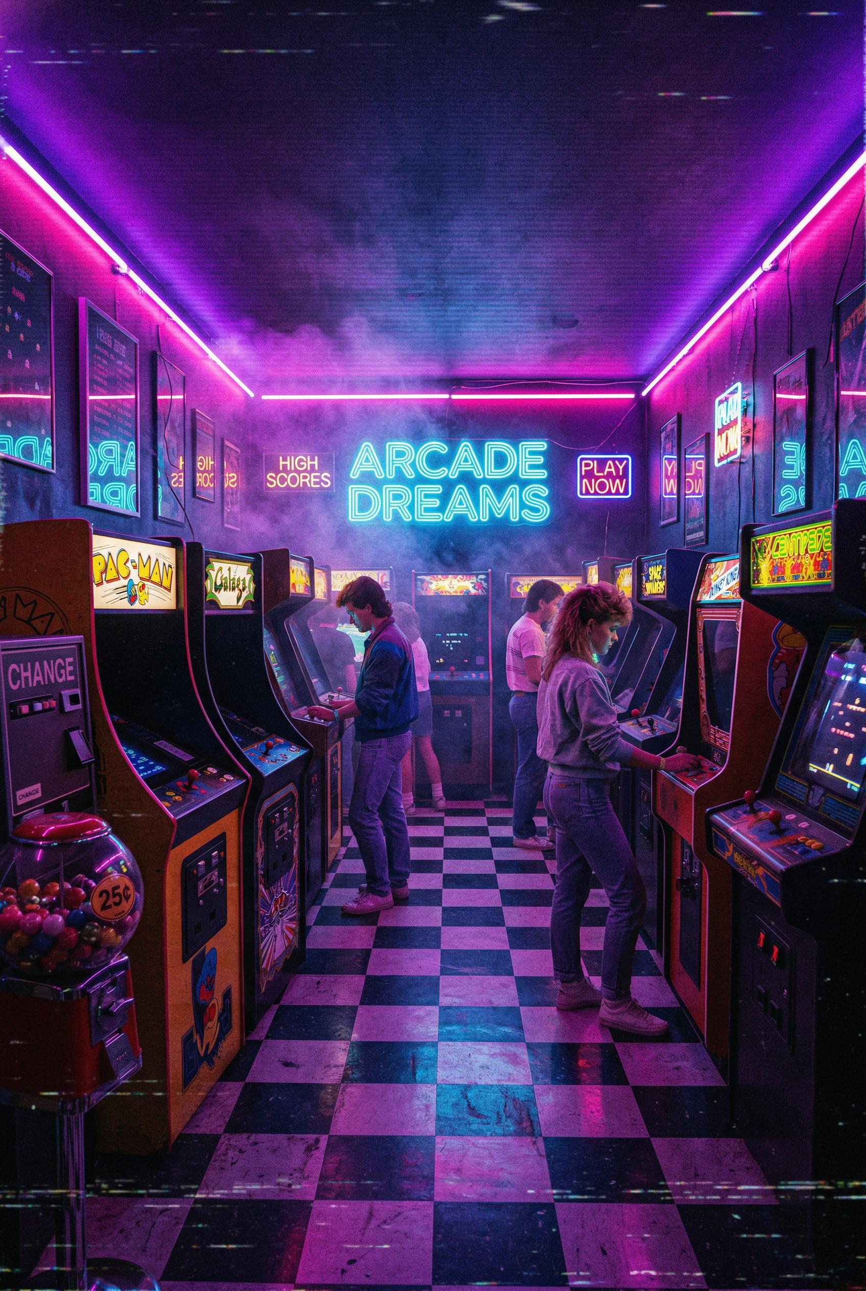 Interior of a retro 1980s video game arcade at night, rows of vintage arcade cabinet machines with glowing CRT screens d