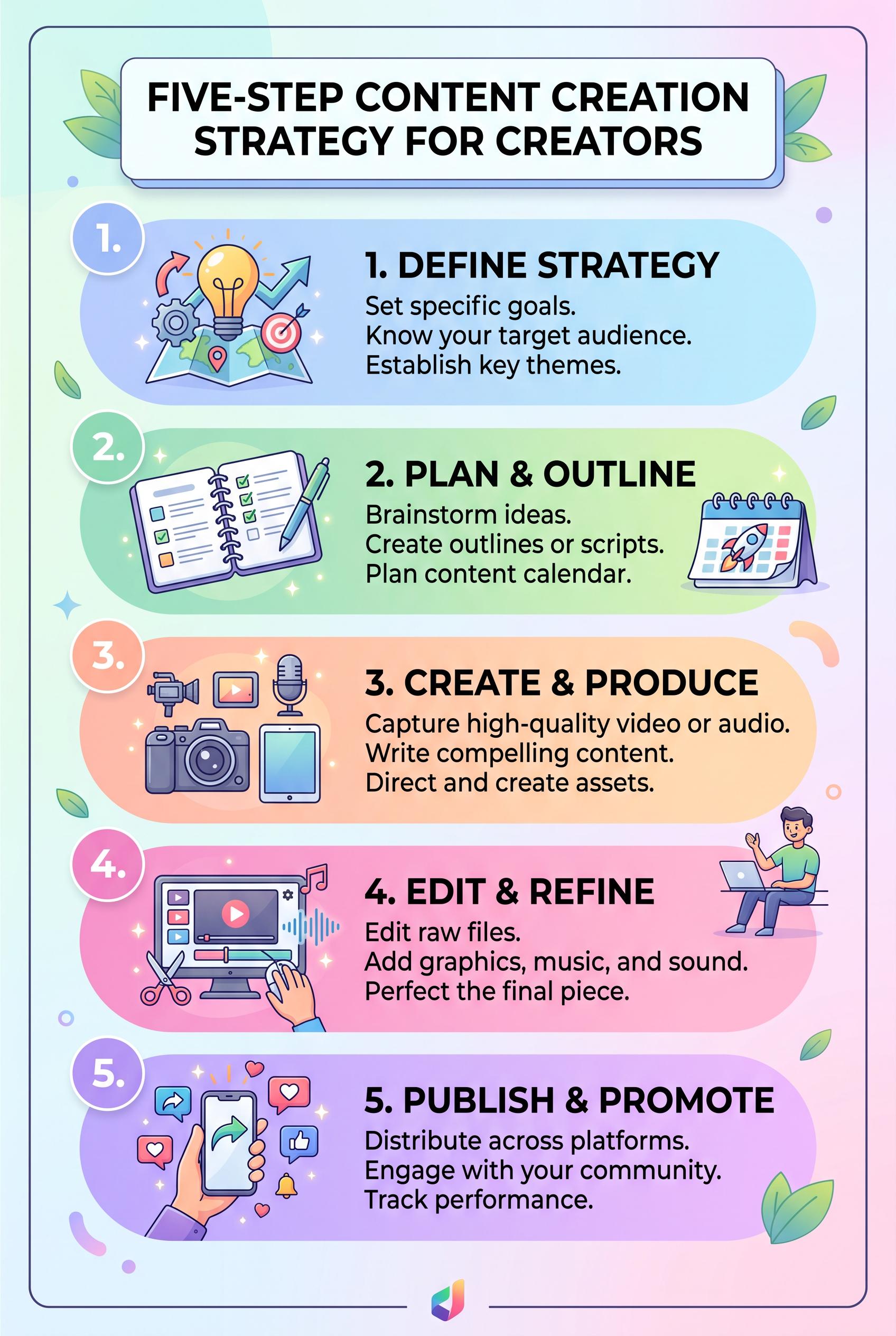 Design a vibrant vertical 2:3 infographic that outlines a five-step content creation strategy for creators....